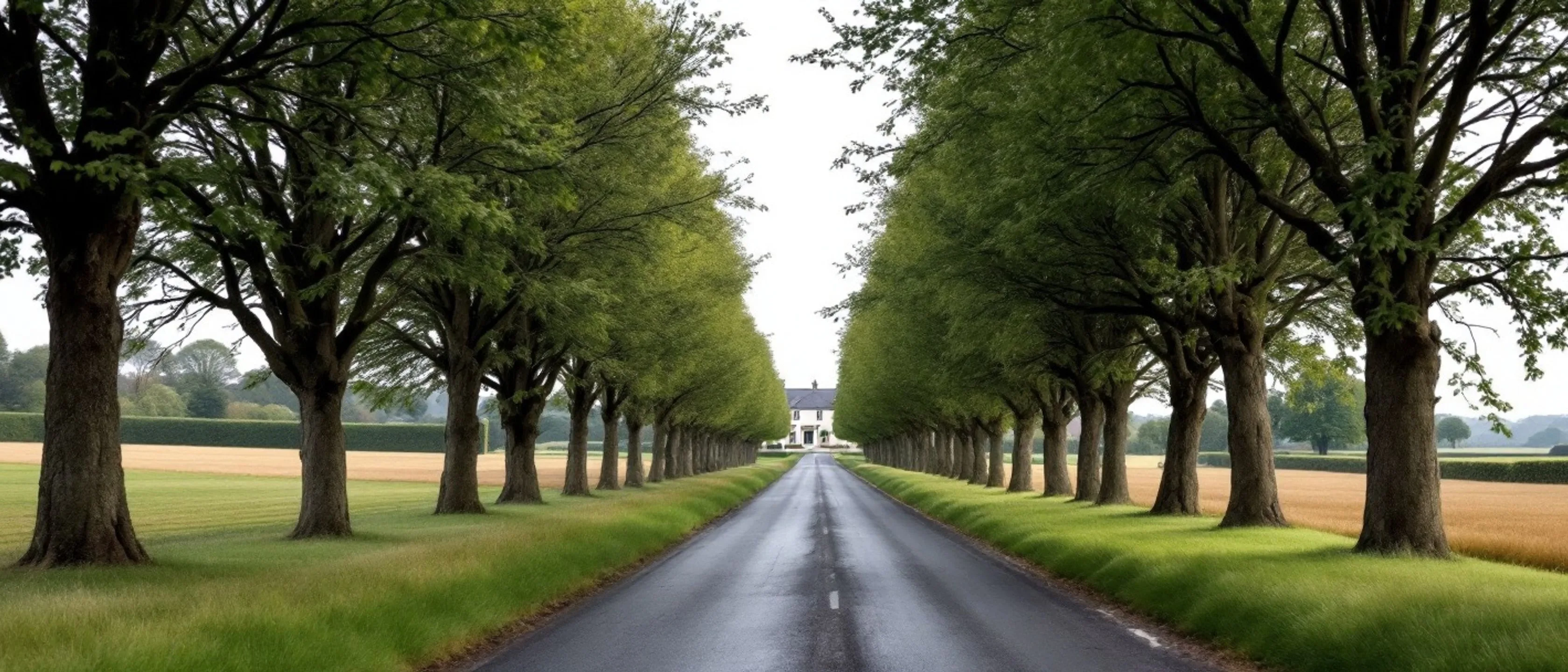 Eine schnurgerade Lindenallee über einem schmalen Weg, am Ende der Allee ein weißes Landhaus, gemähte Ränder.