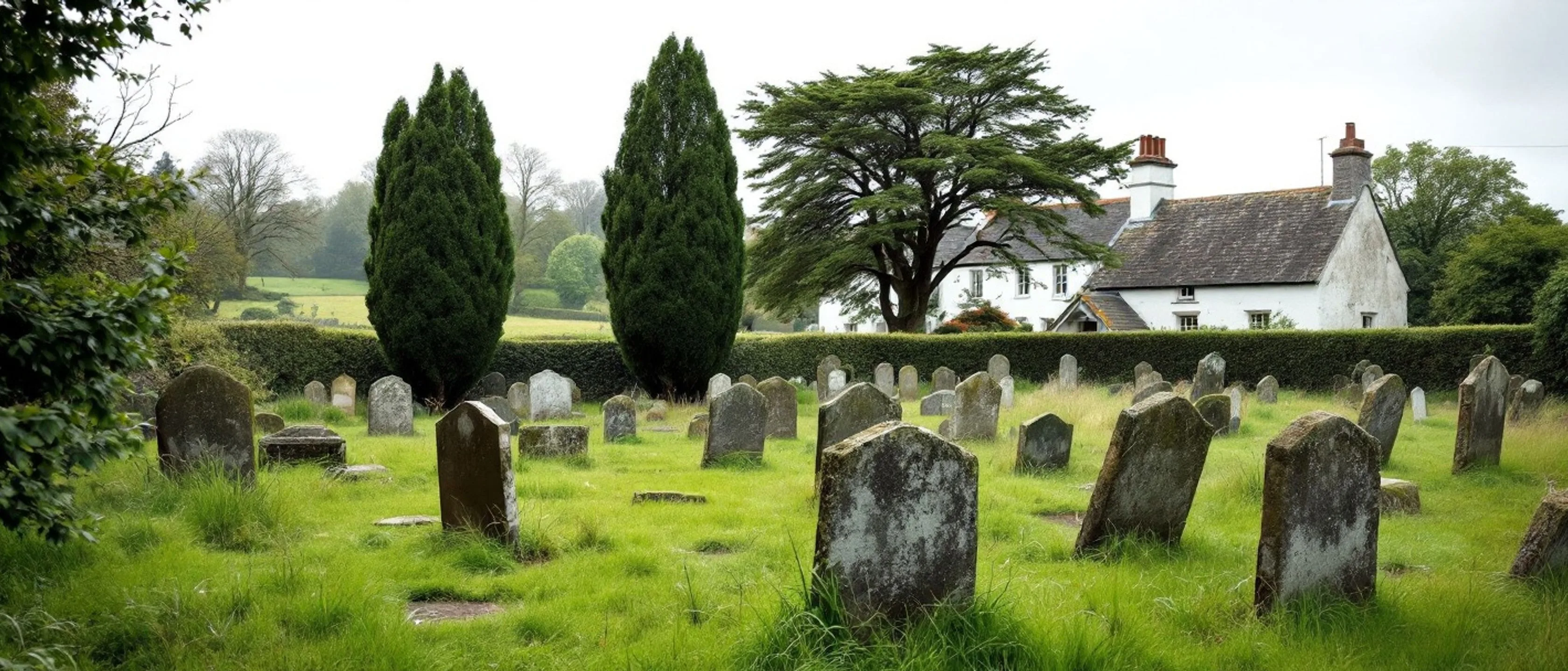 Ein alter Friedhof am Ortsrand: verwitterte, schräg stehende Grabsteine ohne lesbare Inschriften in hohem Gras, zwei Eiben, dahinter Hecke und ein weißes Haus.