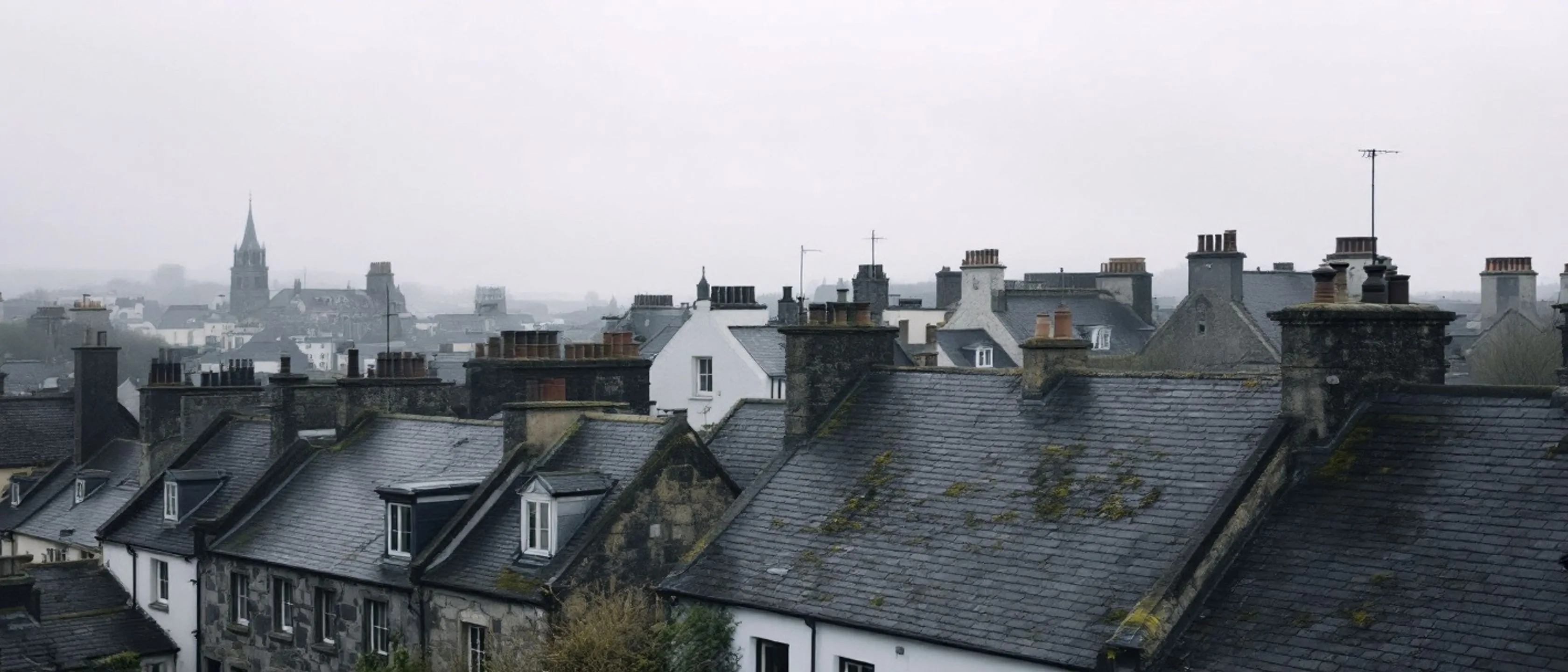 Dachlandschaft einer alten Marktstadt: bemooste Schieferdächer, Gauben, Steingiebel und Reihen von Schornsteinen, in der Ferne ein Kirchturm im Dunst.