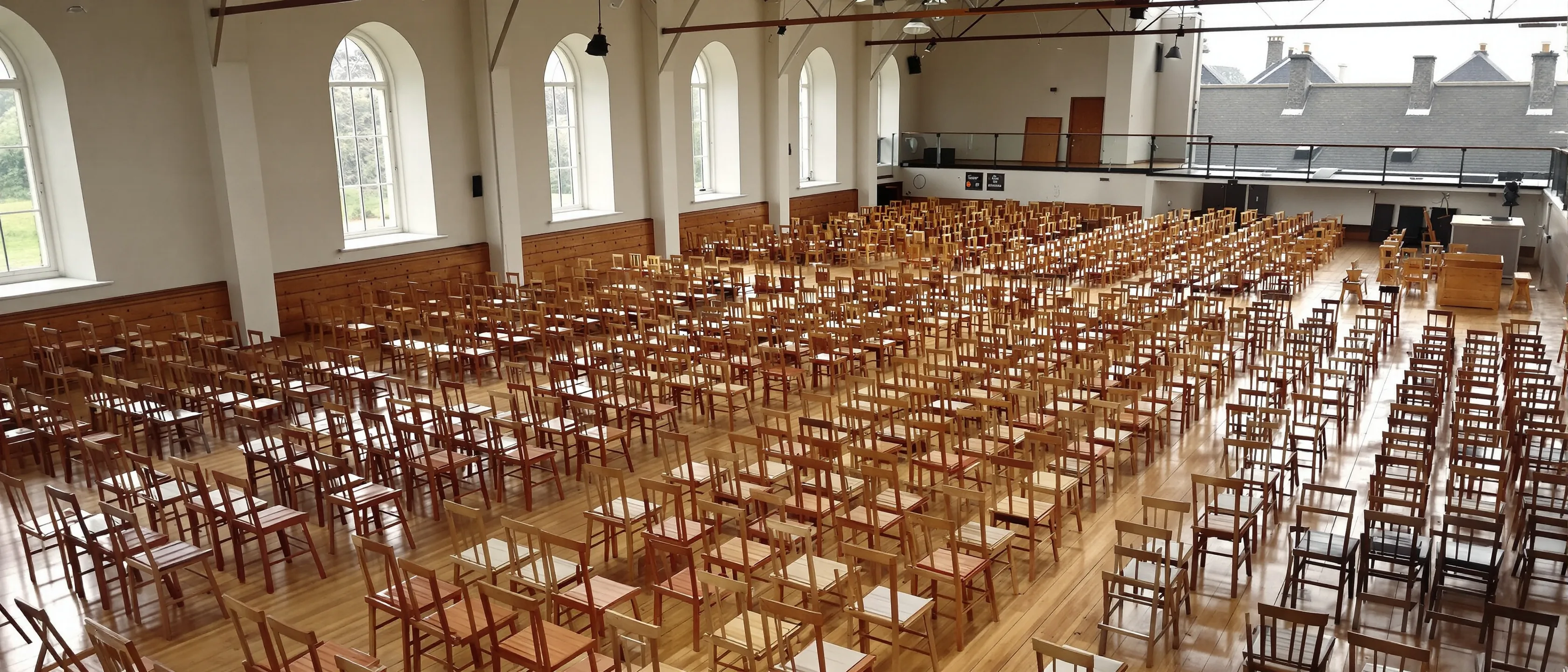 Ein großer heller Saal mit hohen Rundbogenfenstern, von einer Empore aus gesehen: hunderte leere Holzstühle in langen Reihen auf einem glänzenden Parkettboden.