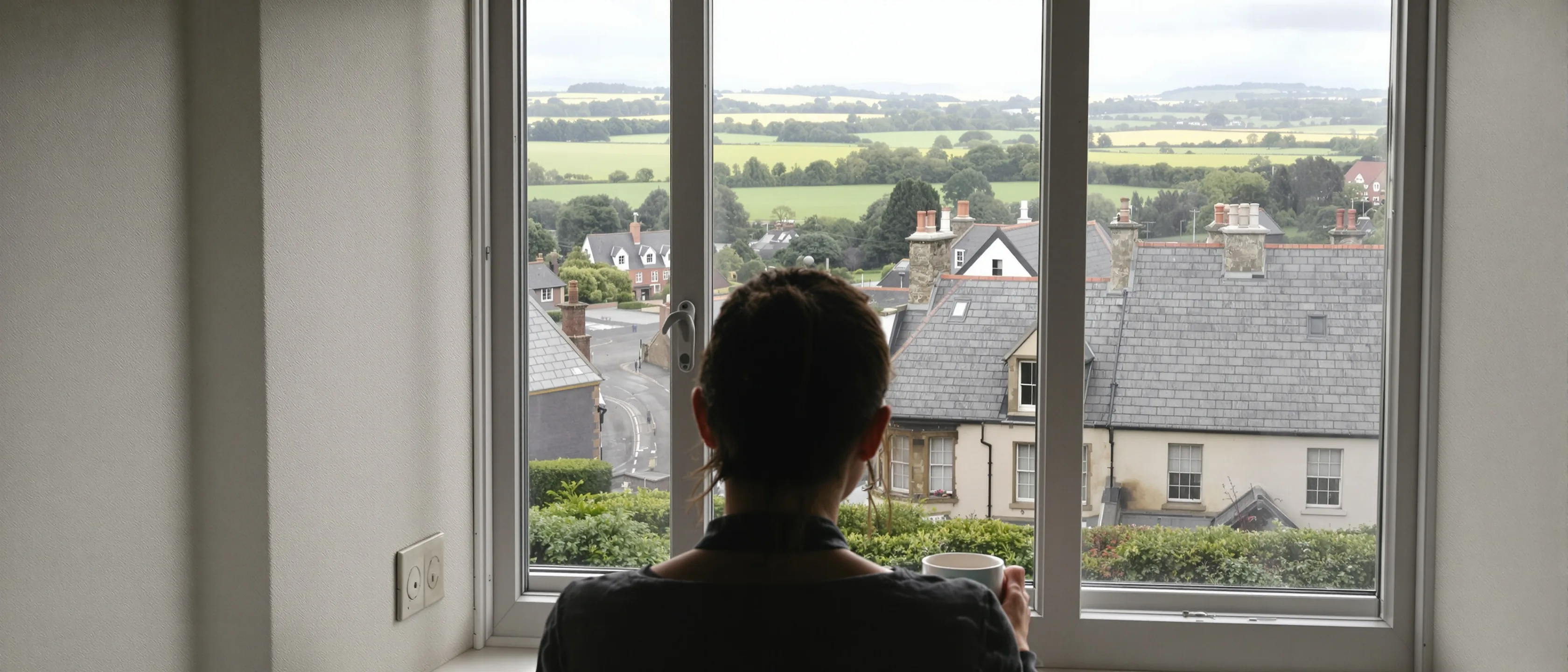 Ein Mensch steht von hinten gesehen mit einer Tasse an einem breiten Fenster und blickt über die Schieferdächer einer Kleinstadt auf grüne Felder dahinter.