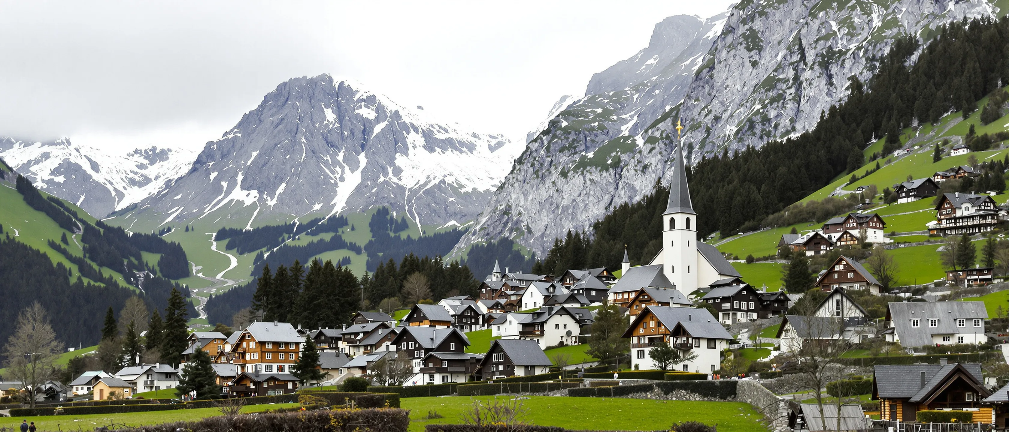 Ein Schweizer Bergdorf mit Holzhäusern und einem schlanken Kirchturm liegt auf grünen Hängen, dahinter steigen graue Felswände mit Schneeresten auf.