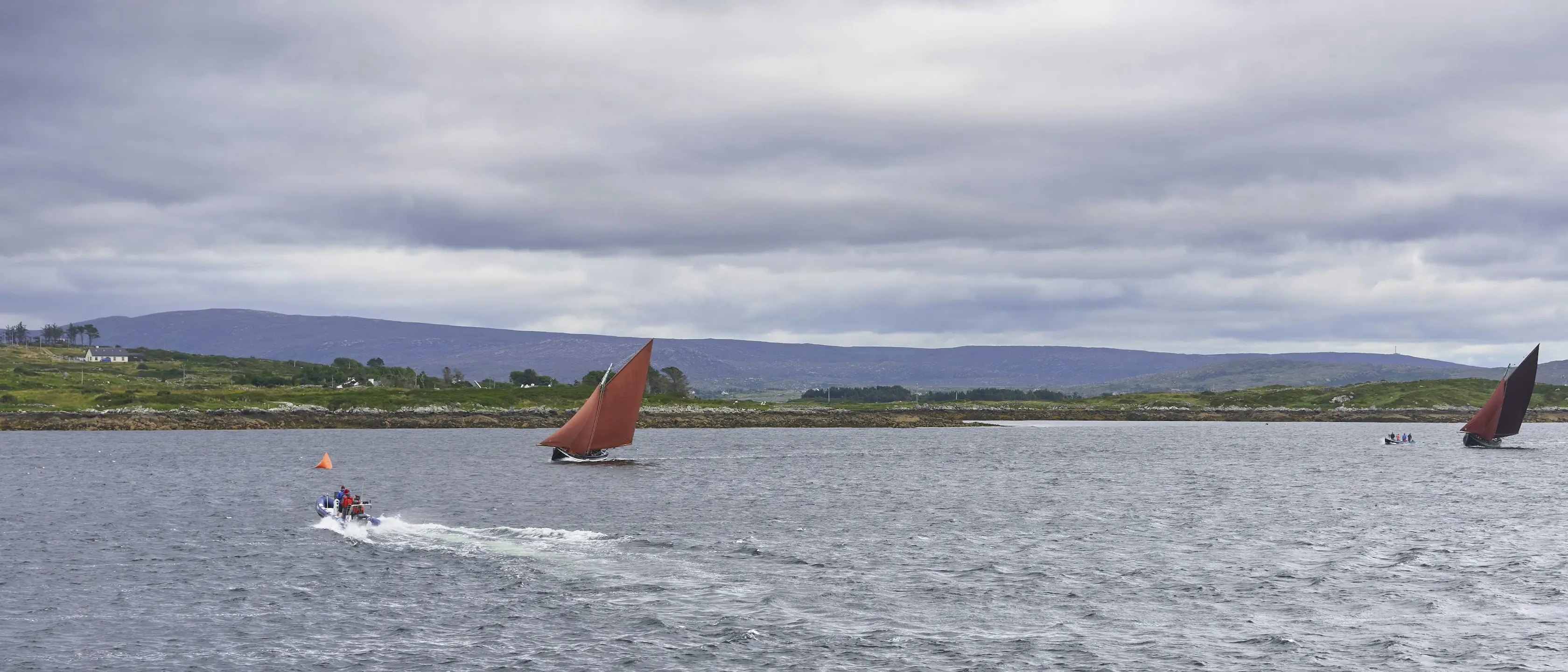 Segelboote mit dunklen Segeln kreuzen vor einer flachen Küste.