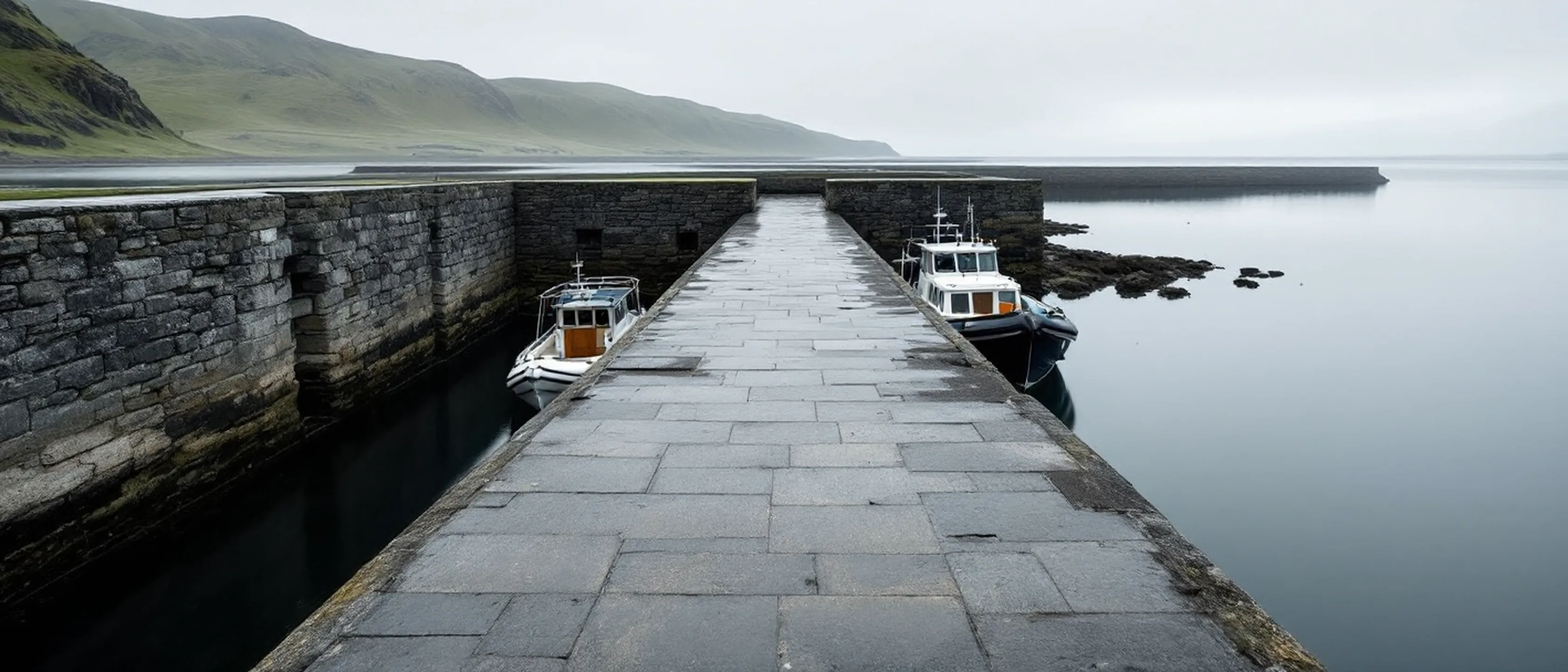 Eine breite Steinslipanlage, die in ruhiges graues Wasser eines kleinen Inselhafens führt, Granitmauern zu beiden Seiten, Boote am Kai.