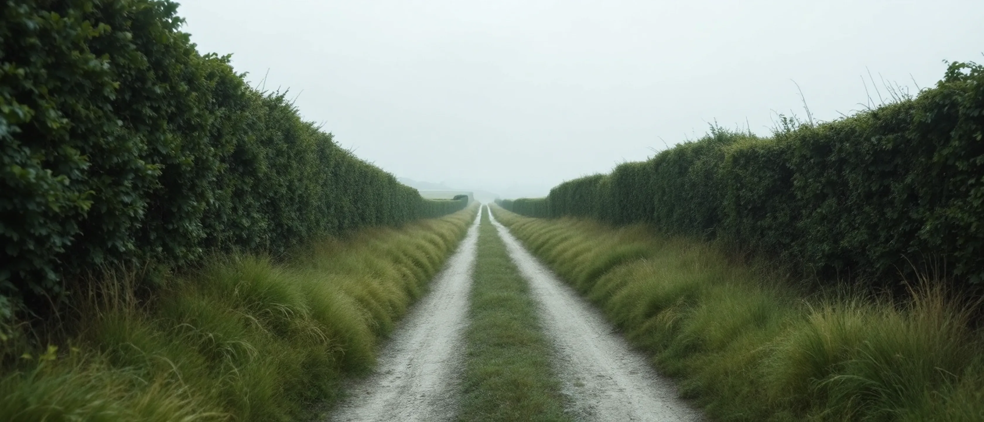 Ein unbefestigter Weg zwischen hohen Hecken, hohes Gras zwischen zwei Fahrspuren, keine Fahrzeuge, weiches graues Licht.