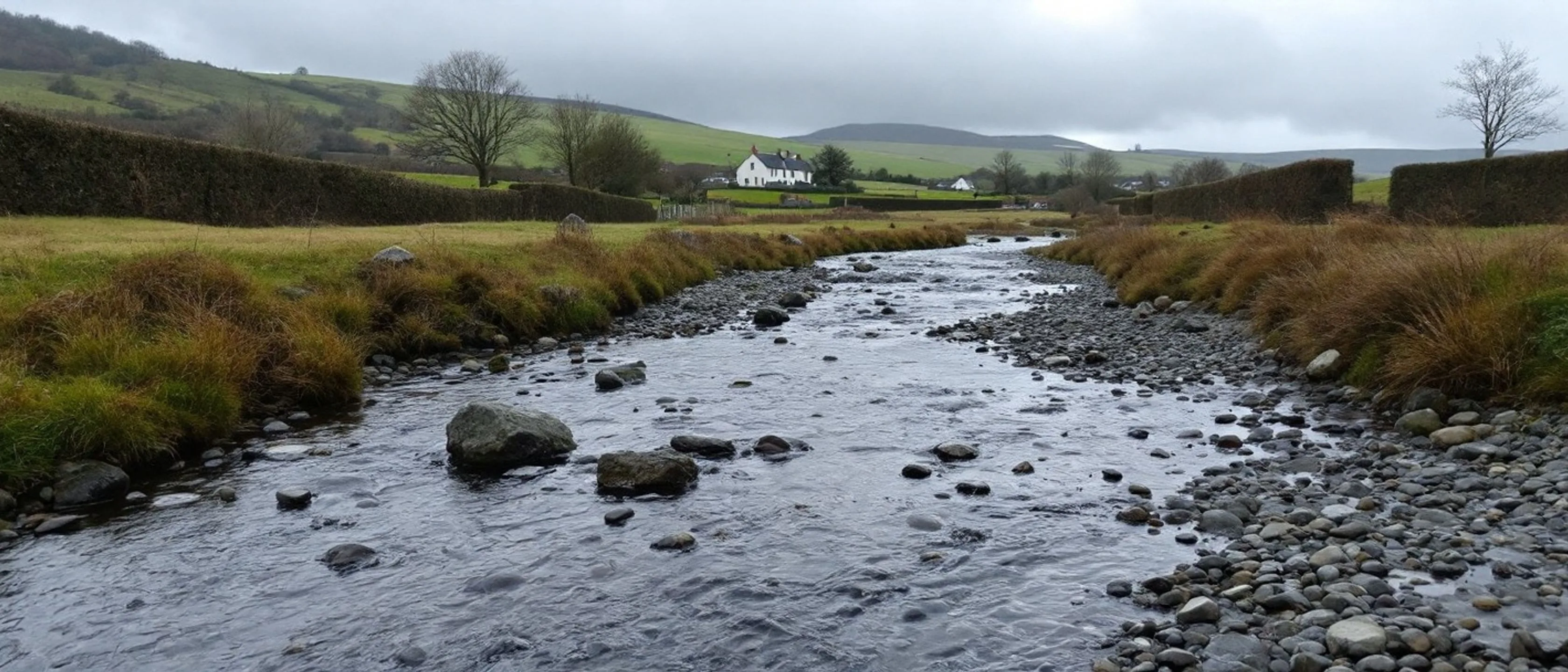 Ein flacher, klarer Fluss über Kies, dahinter Weiden mit Hecken, ein weißes Bauernhaus am Hang und weiche Hügel unter grauem Himmel.