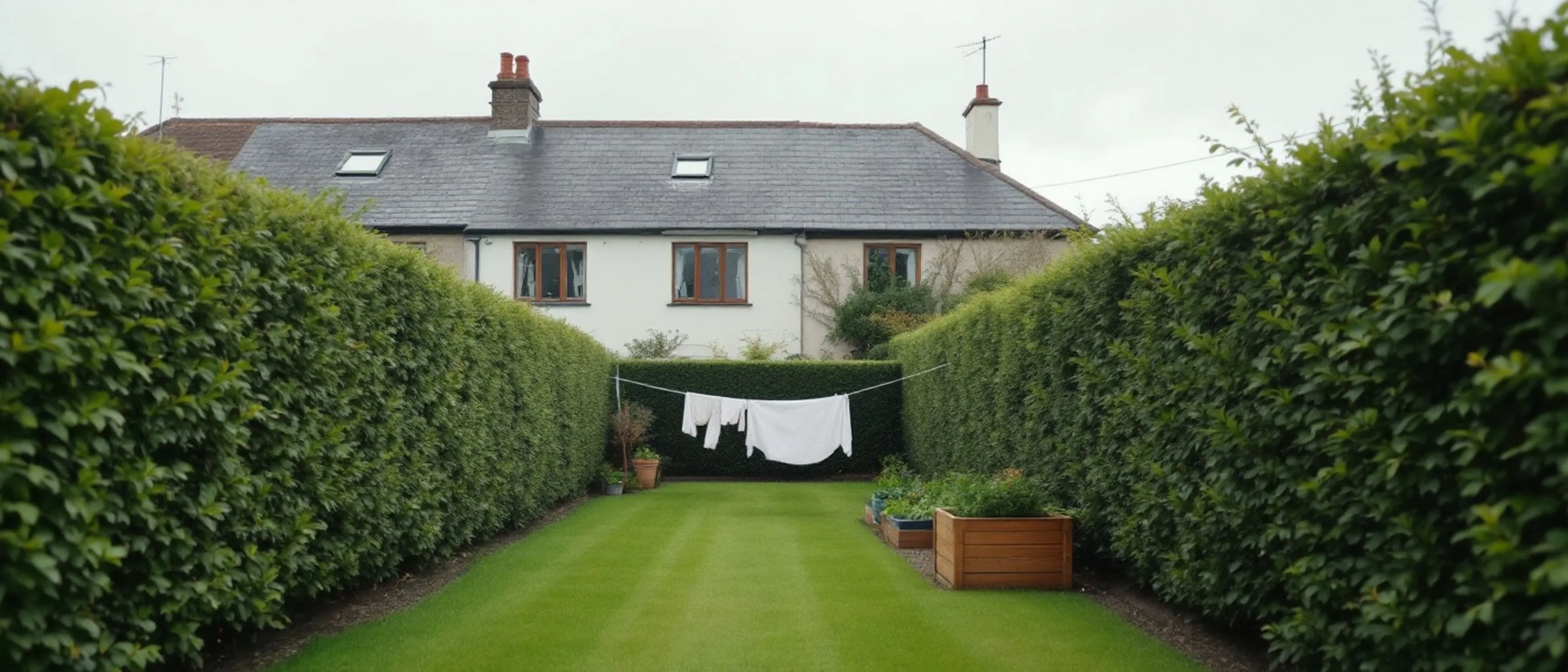 Ein langer Garten mit Wäscheleine, Rasen und Hochbeeten zwischen hohen Hecken; über der hinteren Hecke Obergeschoss und Schieferdach des Hauses.