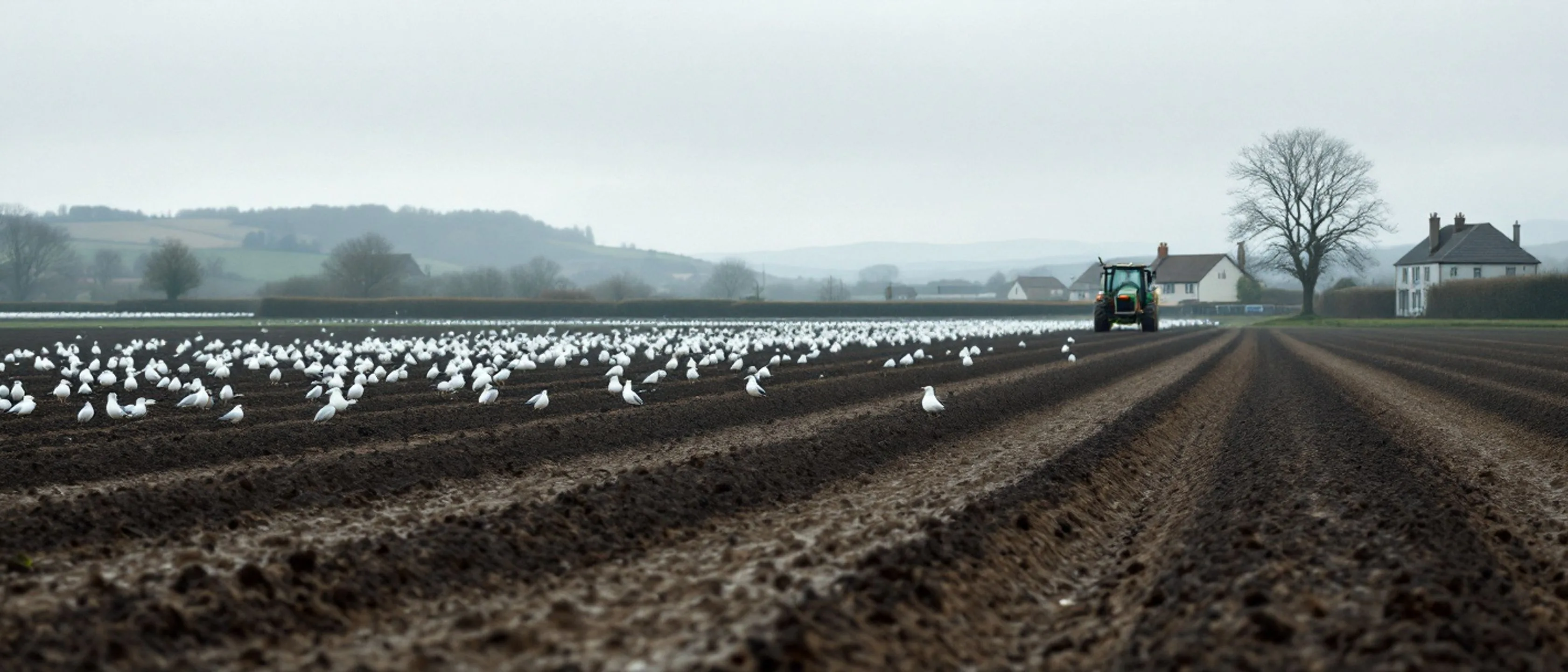 Ein frisch gepflügtes Feld mit dunklen Furchen, ein Schwarm Möwen über dem Boden, am Feldrand ein Traktor und einzelne Häuser.