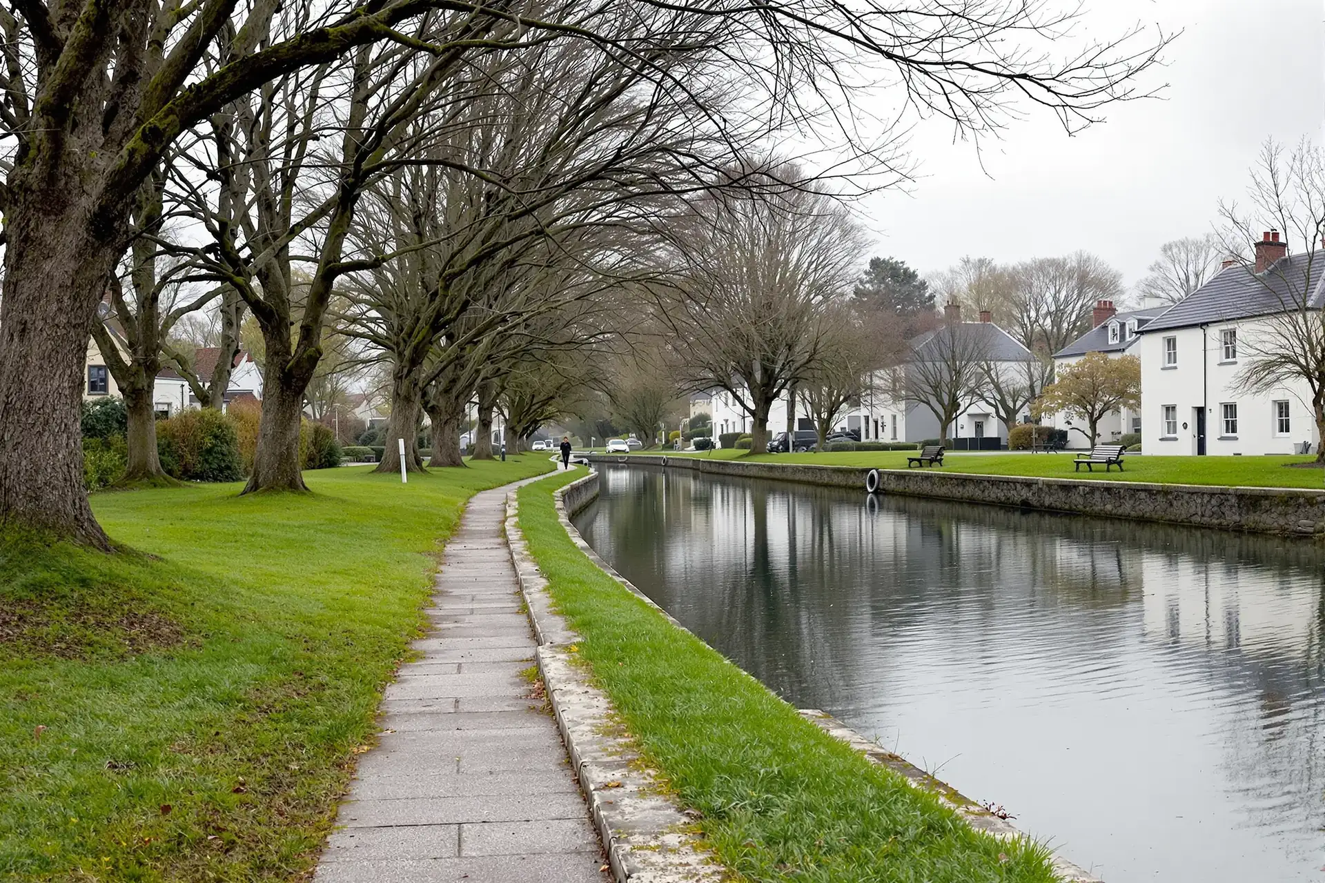 Uferweg an einem baumgesäumten Stadtkanal in Irland, ruhiges Wasser, Bänke und zurückgesetzte Wohnhäuser bei bedecktem Himmel