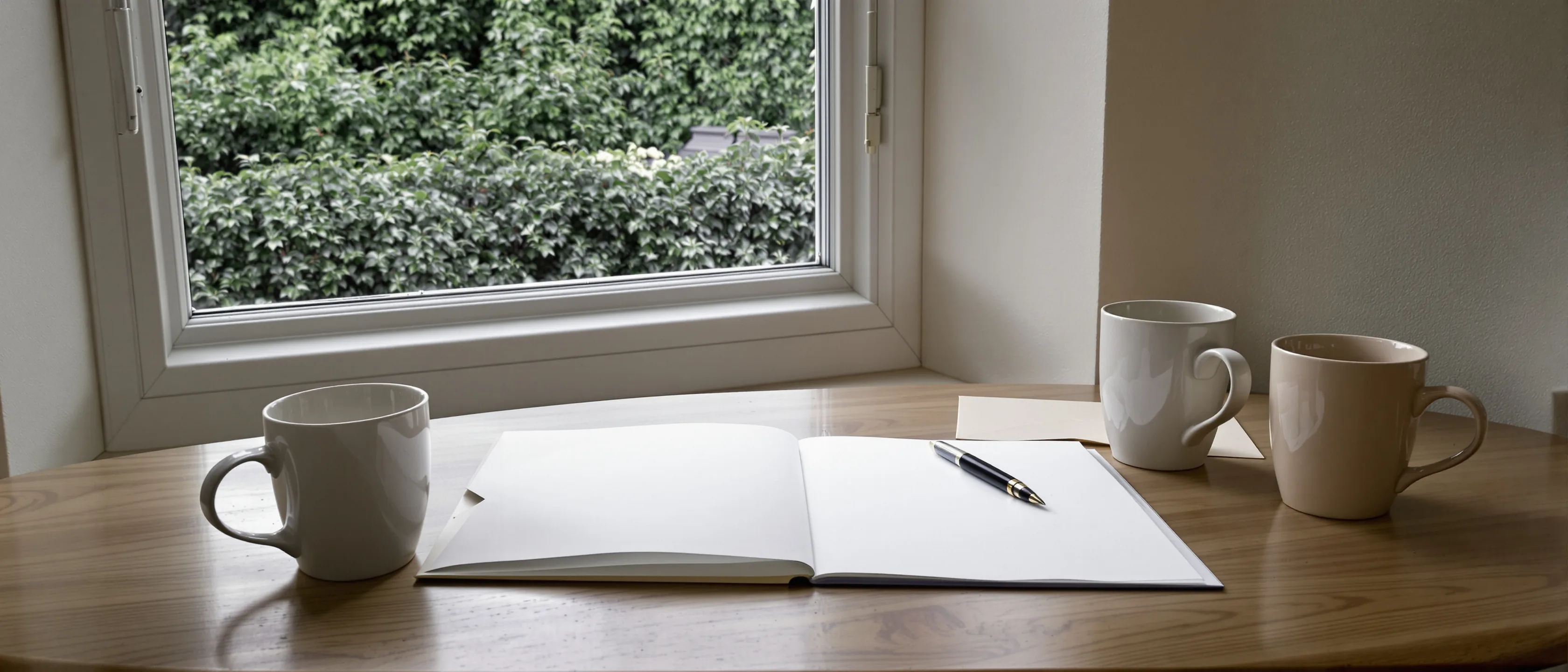 Ein Tisch am Fenster mit aufgeschlagenem leerem Heft, Stift und Bechern, draußen dichte grüne Hecken.