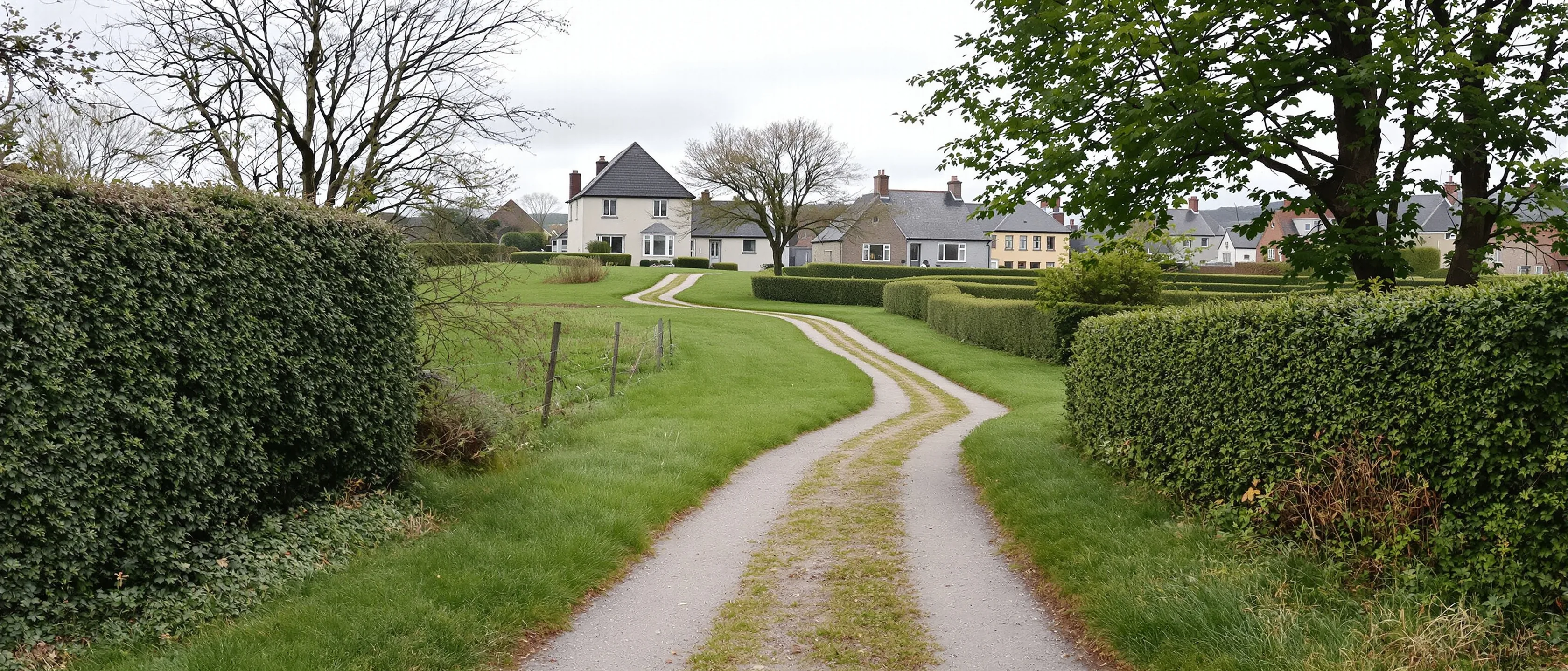 Ein Feldweg mit Grasstreifen führt zwischen Hecken auf eine Gruppe heller Häuser zu.