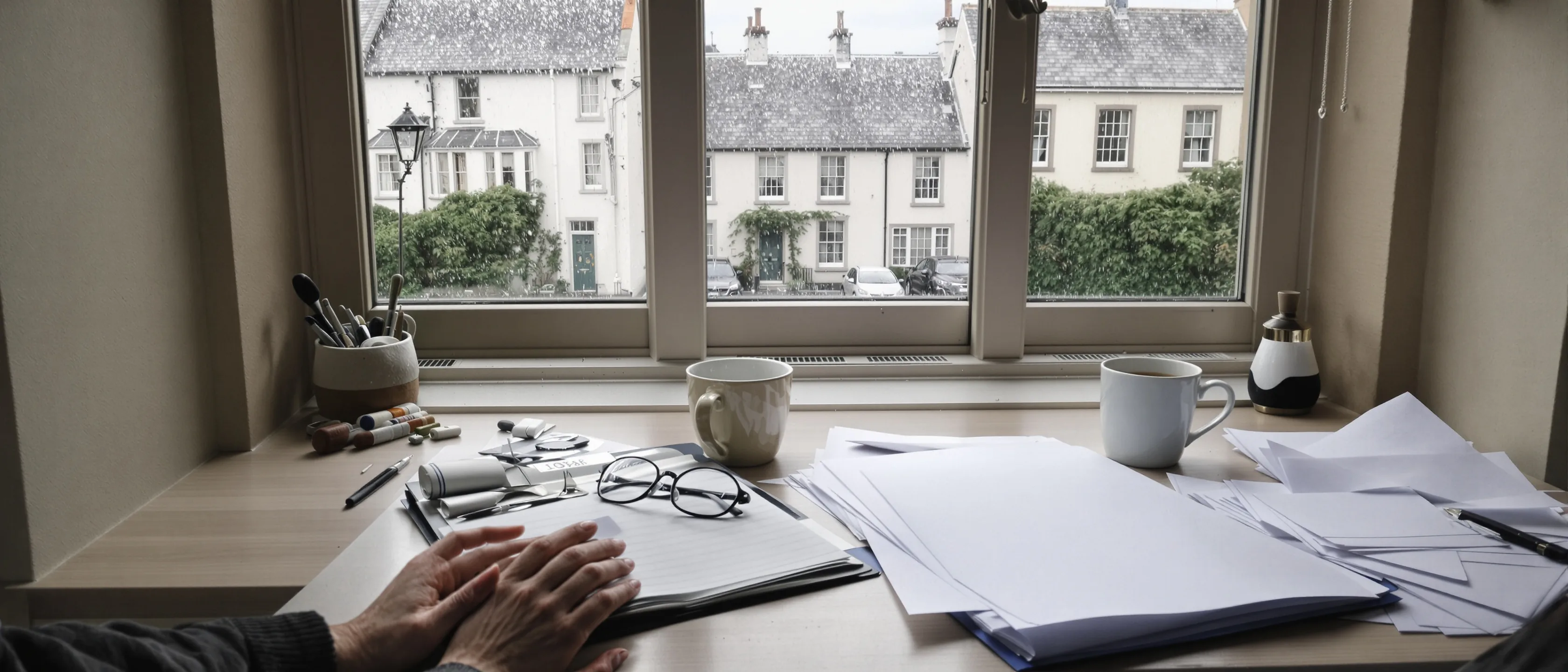 Küchentisch am Fenster mit offener Unterlagenmappe, Brille und Teebecher, Hände ordnen Papiere, draußen eine Häuserzeile.
