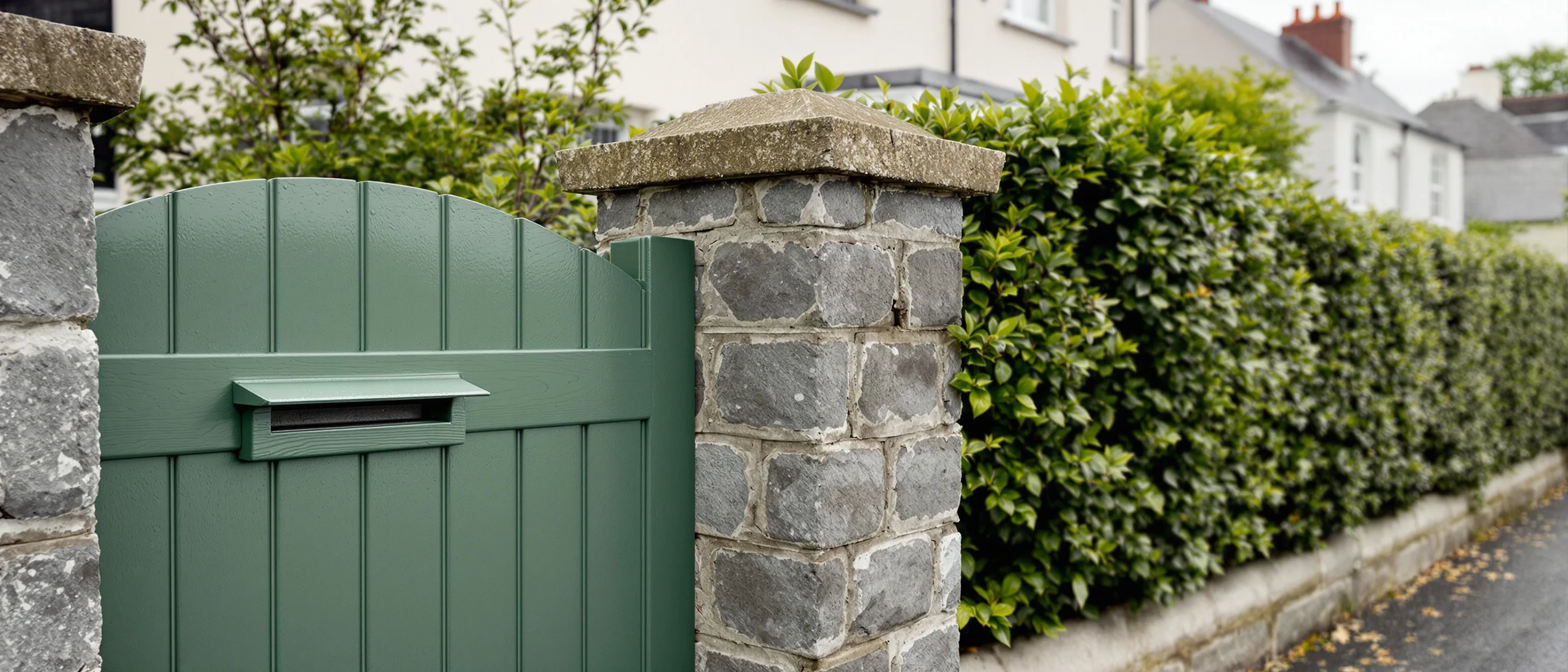 Grün gestrichenes Gartentor mit Briefschlitz zwischen Steinpfeilern neben einer Hecke, Regentropfen auf dem Lack.