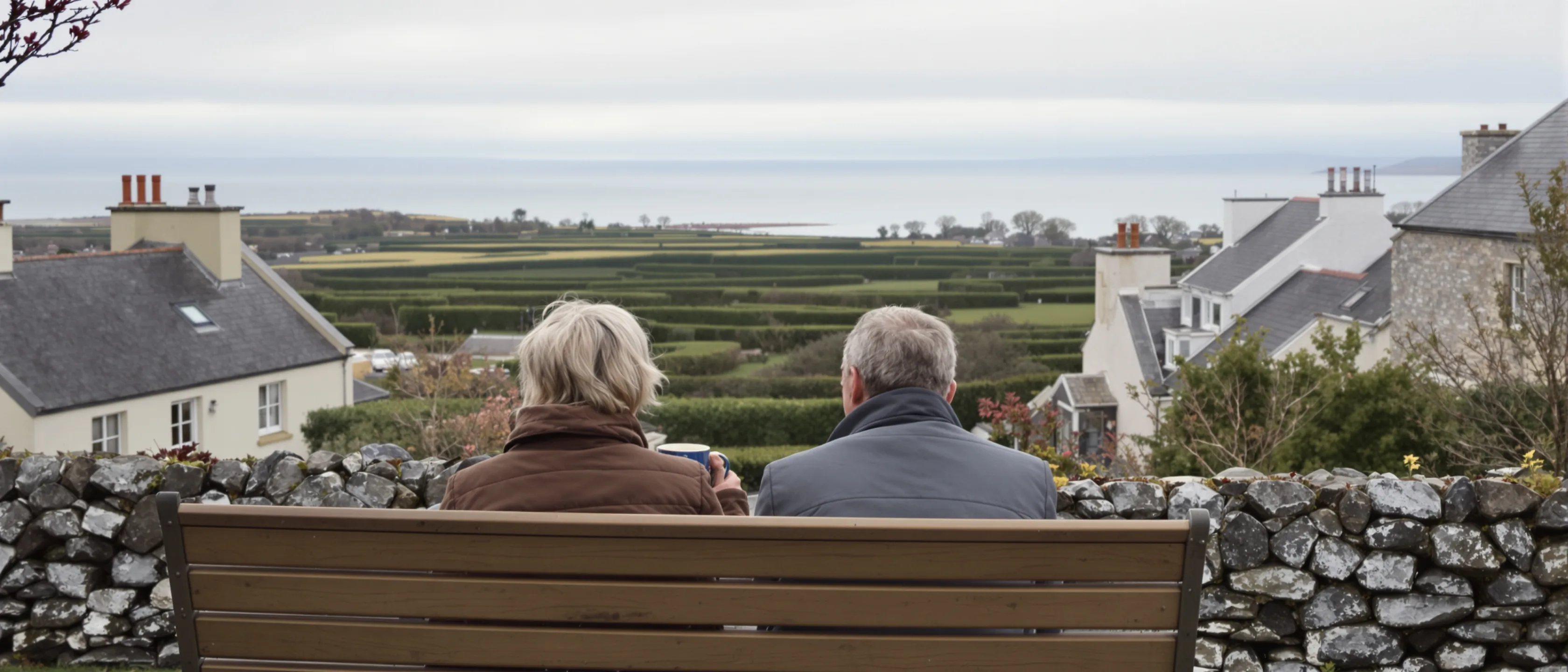 Zwei Menschen von hinten auf einer Gartenbank, Blick über Heckenfelder auf eine ferne Bucht, Teebecher auf der Lehne.