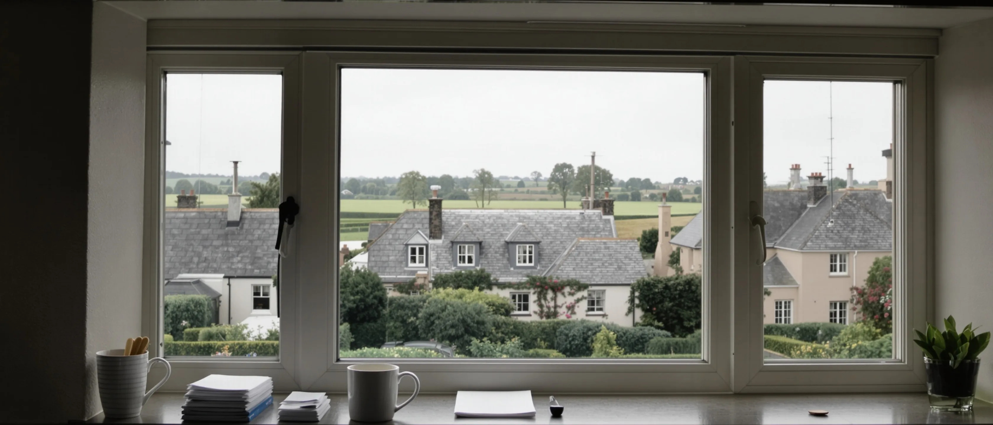 Ein tiefes Fenster von innen, Papiere und Becher auf der Fensterbank, draußen Dächer und Felder eines Dorfes.