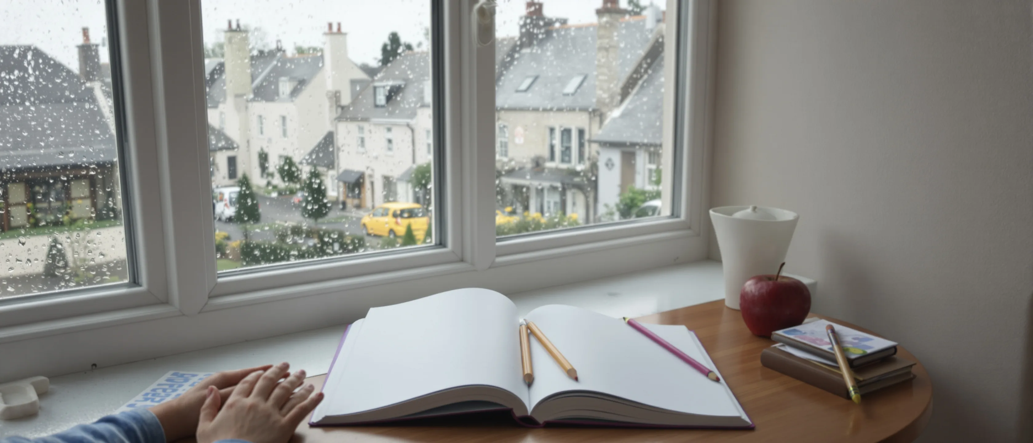 Küchentisch am regennassen Fenster mit aufgeschlagenen leeren Heften, Stiften und einem Apfel, Kinderhände am Bildrand.