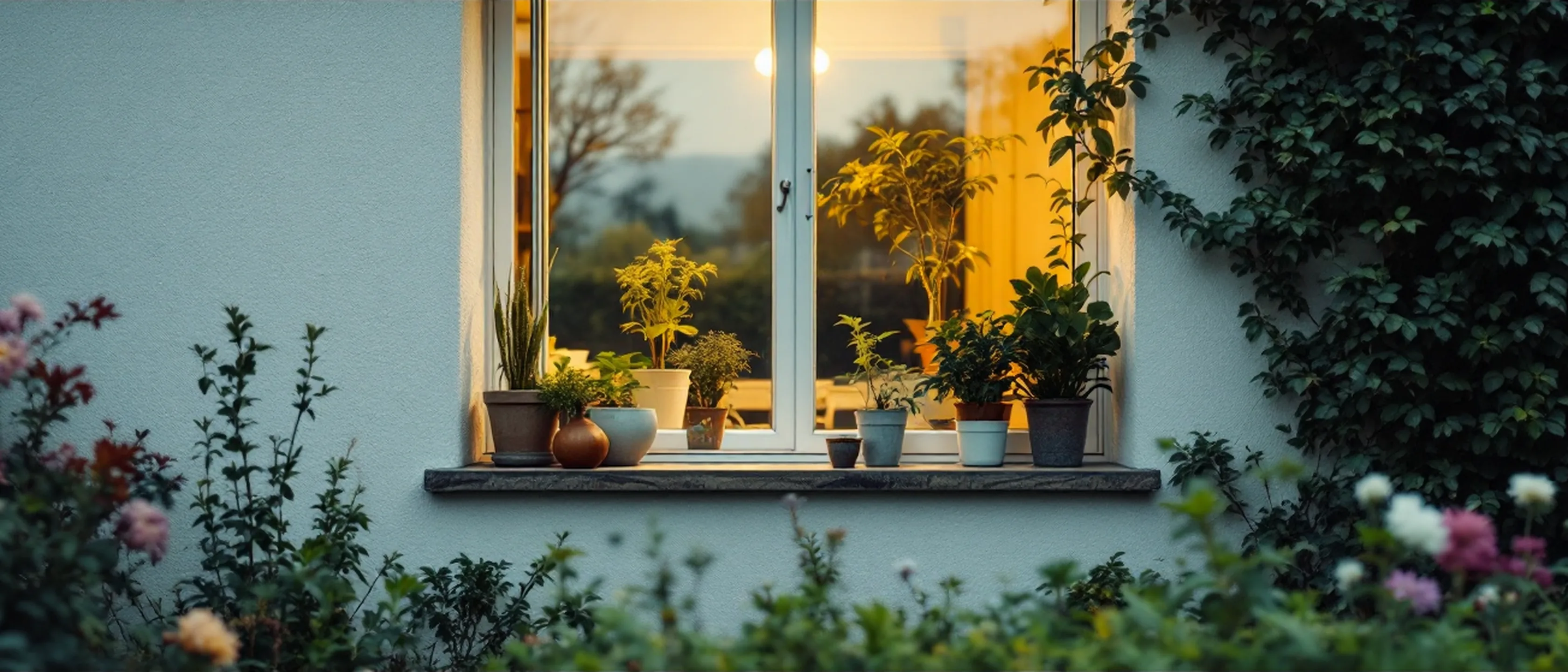 Ein Küchenfenster von außen gesehen, warmes Licht dahinter, Kräutertöpfe auf der Fensterbank, davor Hecke und Rasen.