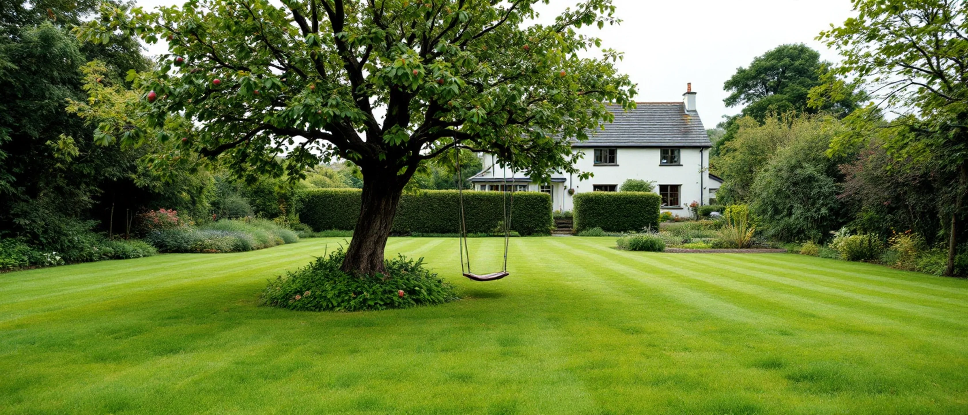 Ein großer Garten hinter einem Haus: gemähter Rasen, ein Apfelbaum mit Seilschaukel, ein Gemüsebeet und eine Hecke.