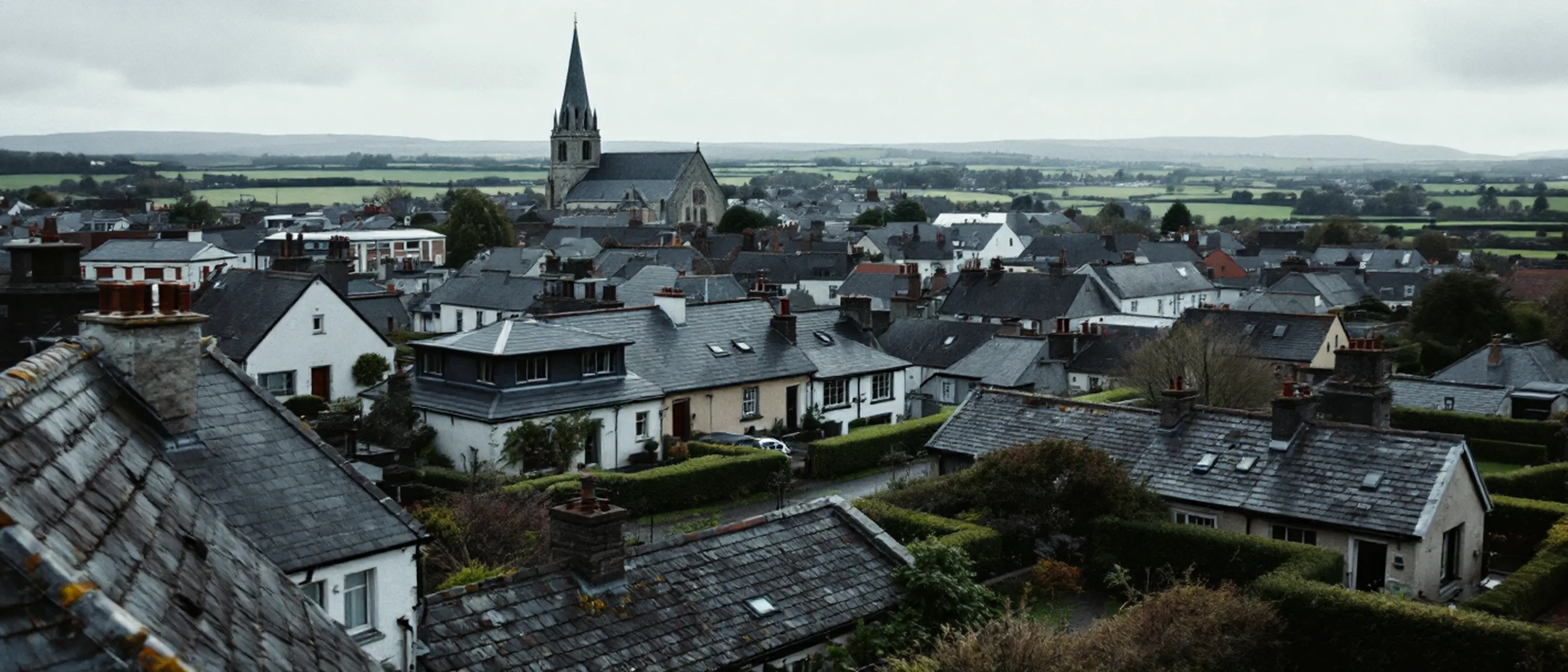 Dachlandschaft einer Marktstadt von einem Hügel aus, Schieferdächer, Schornsteine, ein Kirchturm, grüne Felder am Rand.