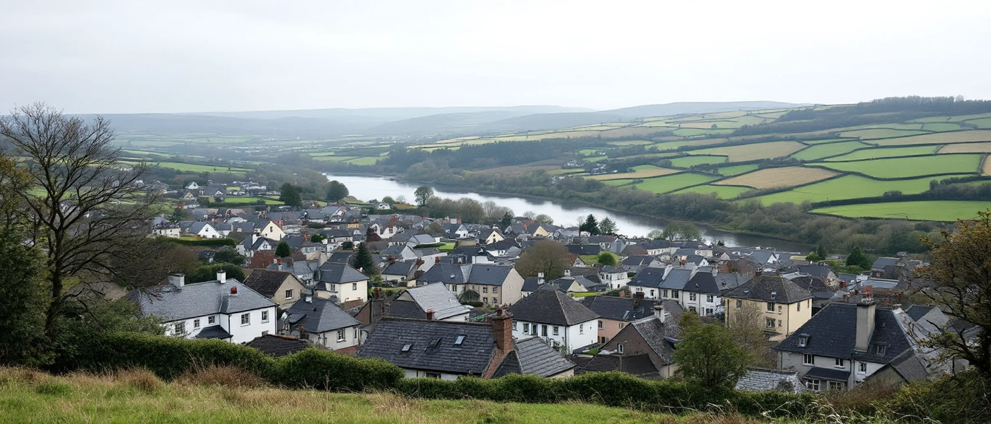 Blick von einem Hang über eine Kleinstadt mit dicht stehenden Schieferdächern, dahinter ein Fluss und Felder.