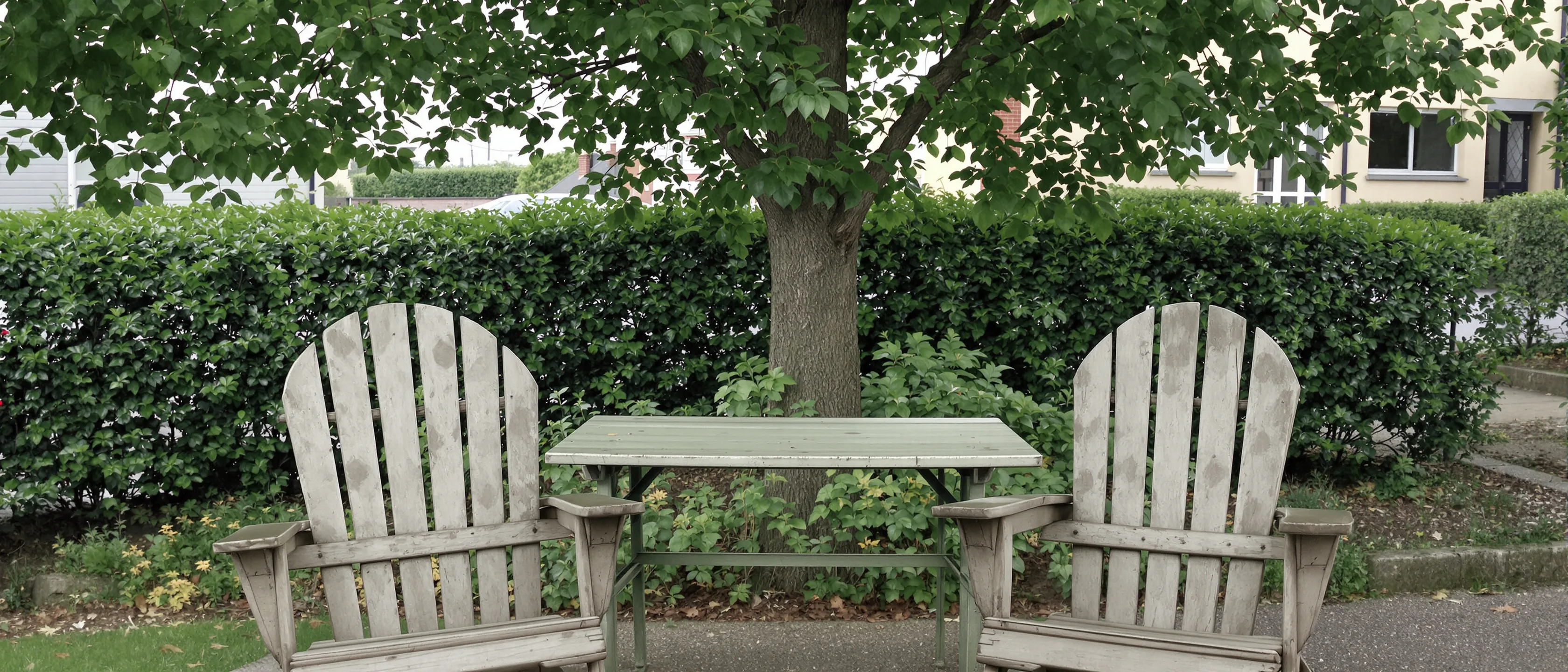 Zwei verwitterte Holzstühle einander zugewandt an einem Gartentisch unter einem alten Baum, weiches geflecktes Licht.