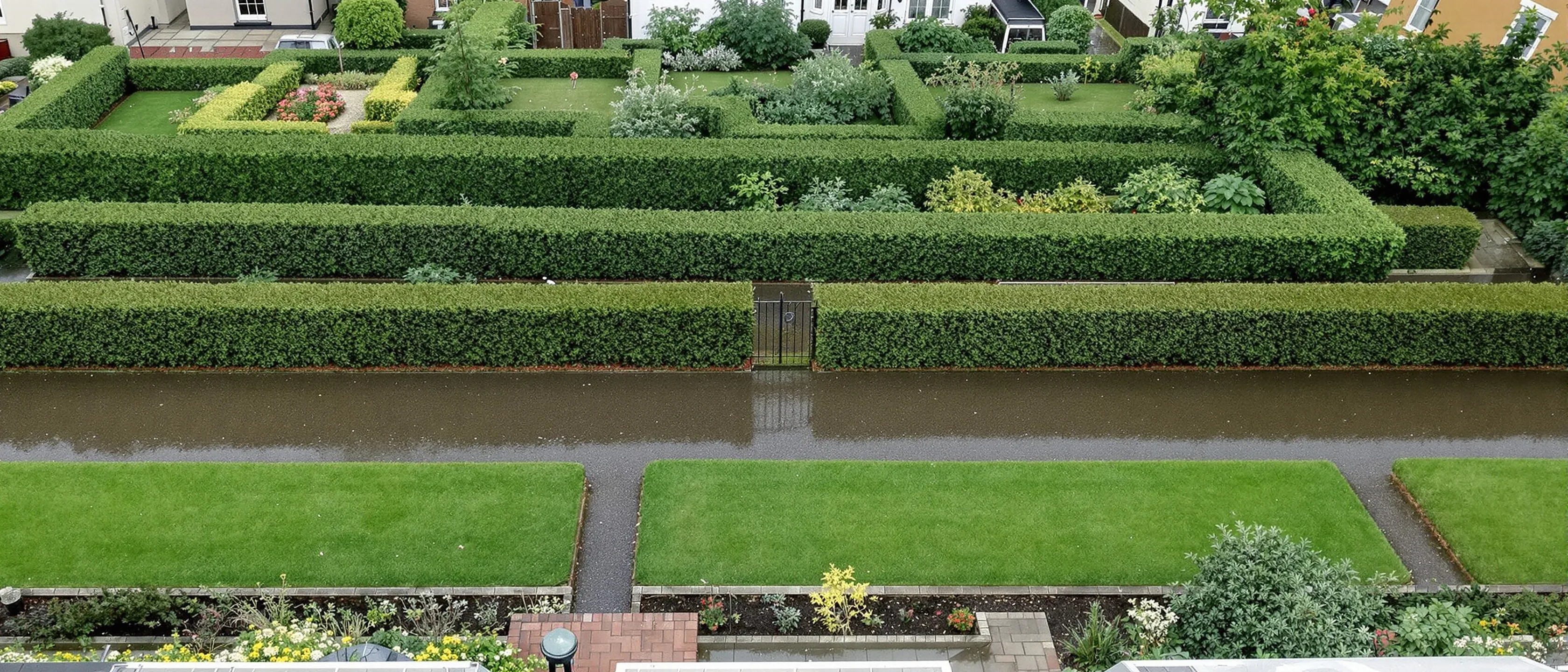 Blick von oben auf die Geometrie ummauerter Gärten: geschnittene Buchshecken, Kieswege, Rasenflächen und niedrige Steinmauern.
