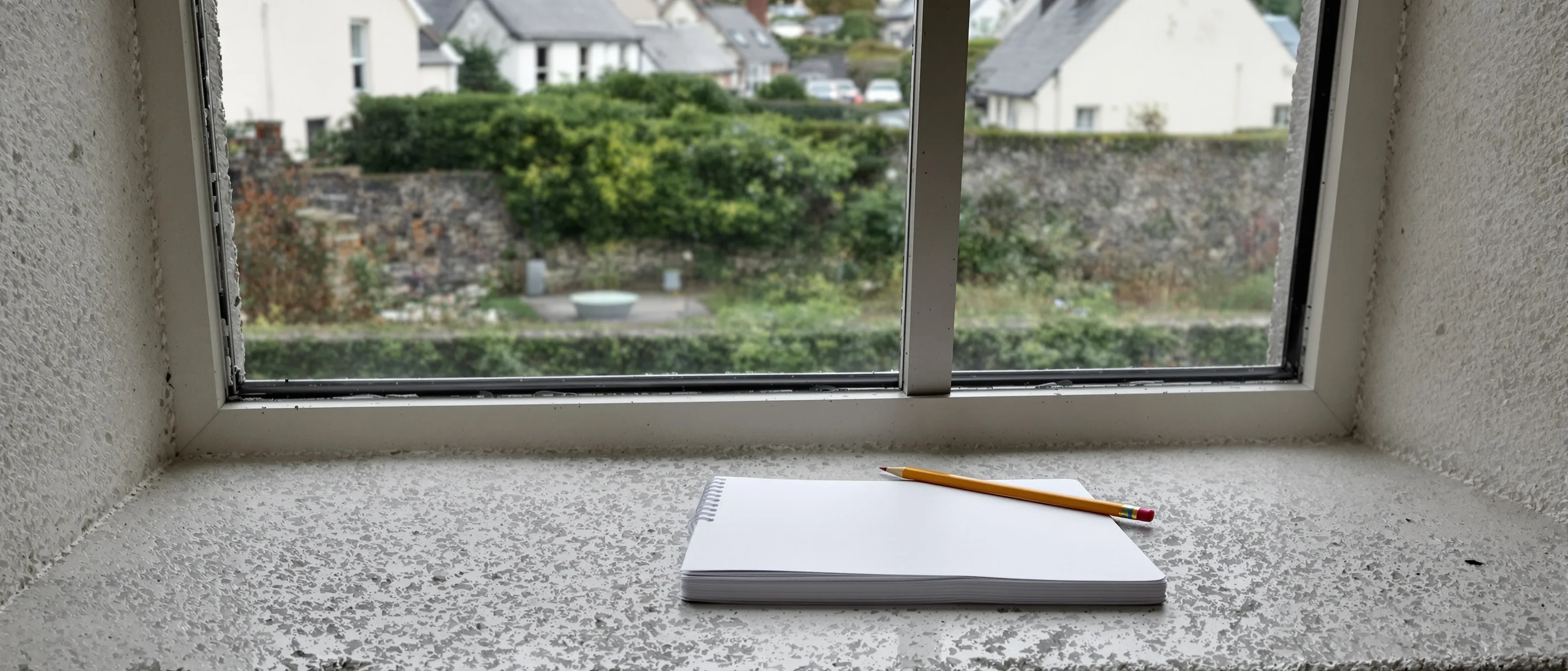 Ein geschlossenes Notizbuch und ein Bleistift auf einer tiefen steinernen Fensterbank, drauĂźen ein ummauerter Garten.