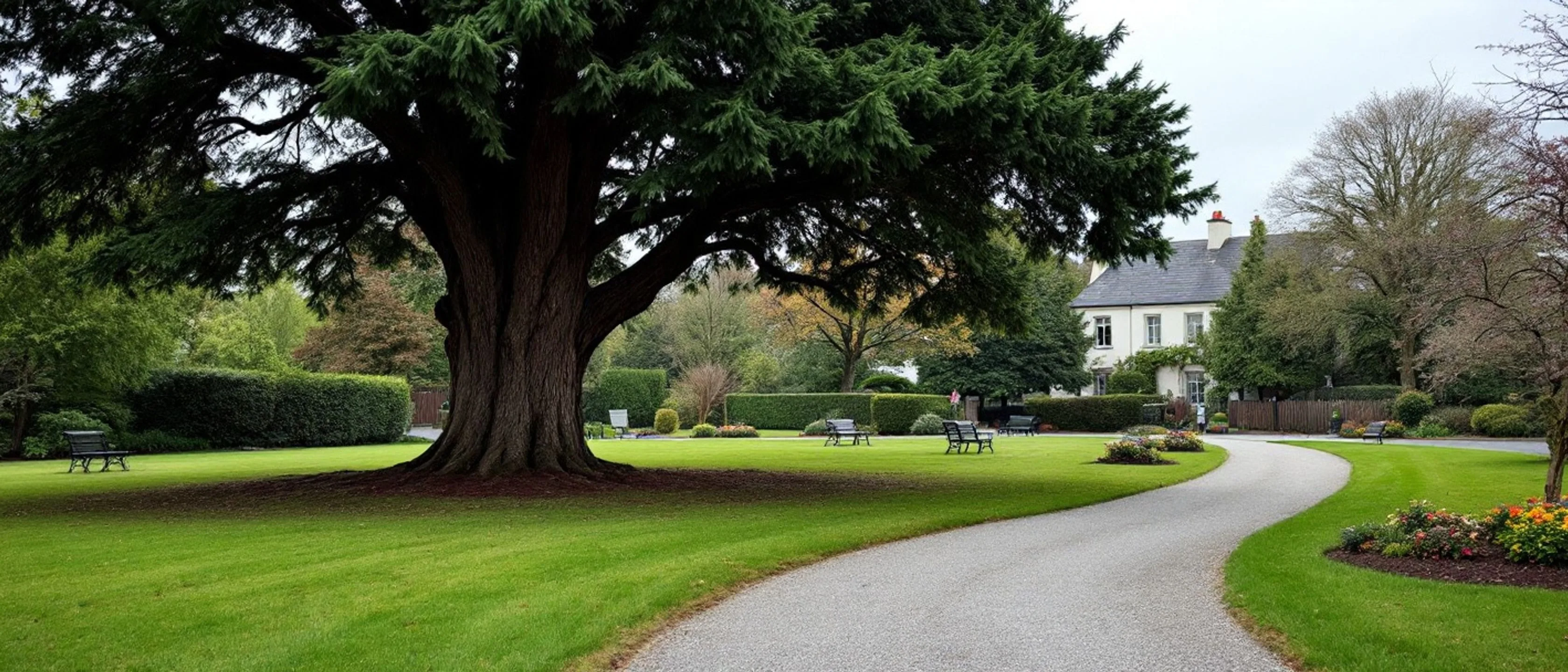 Ein stiller Stadtpark: eine große dunkle Zeder, leere gusseiserne Bänke, ein geschwungener Kiesweg und Blumenbeete, dahinter ein weißes Haus.