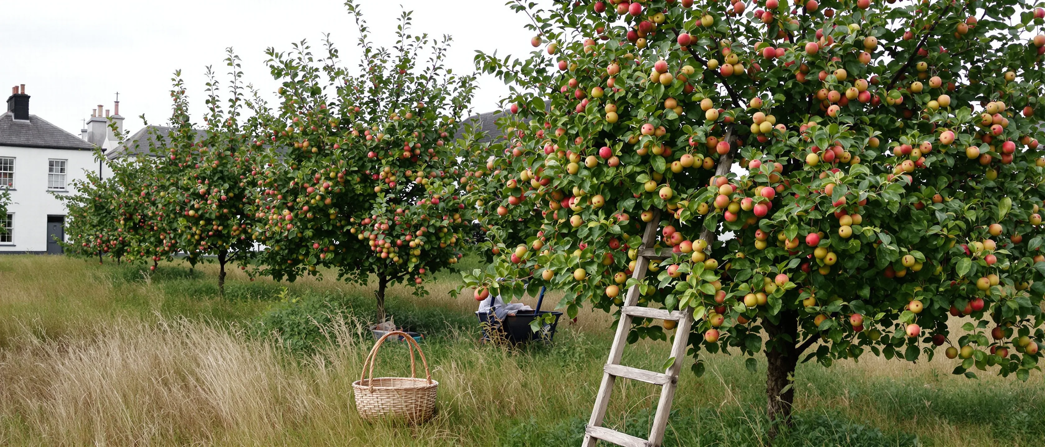 Ein reifer Apfelgarten, eine Holzleiter lehnt an einem voll behangenen Baum, ein Korb im hohen Gras.