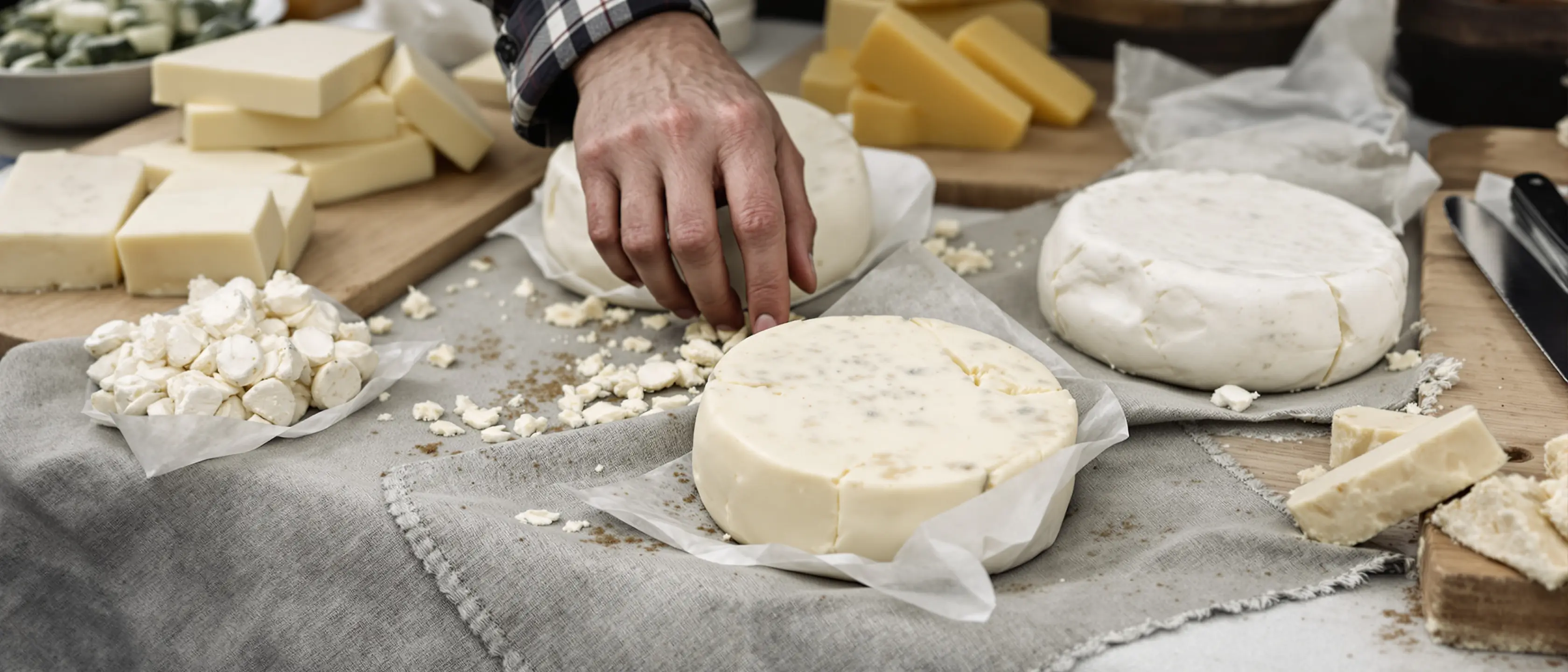 Eine Hand greift über einen Markttisch mit Butterstücken und Käselaiben auf einem Tuch.