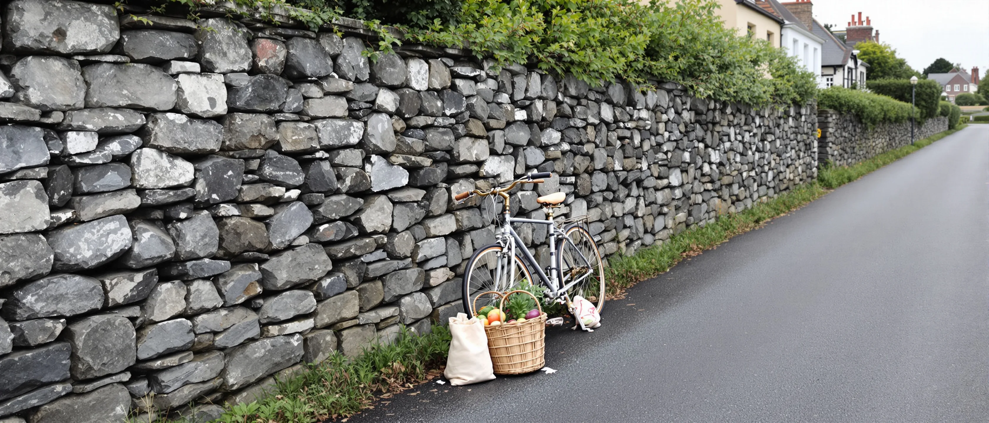 Fahrrad mit vollem Weidenkorb an einer langen Bruchsteinmauer auf einer Landstraße, eine Stofftasche am Boden.
