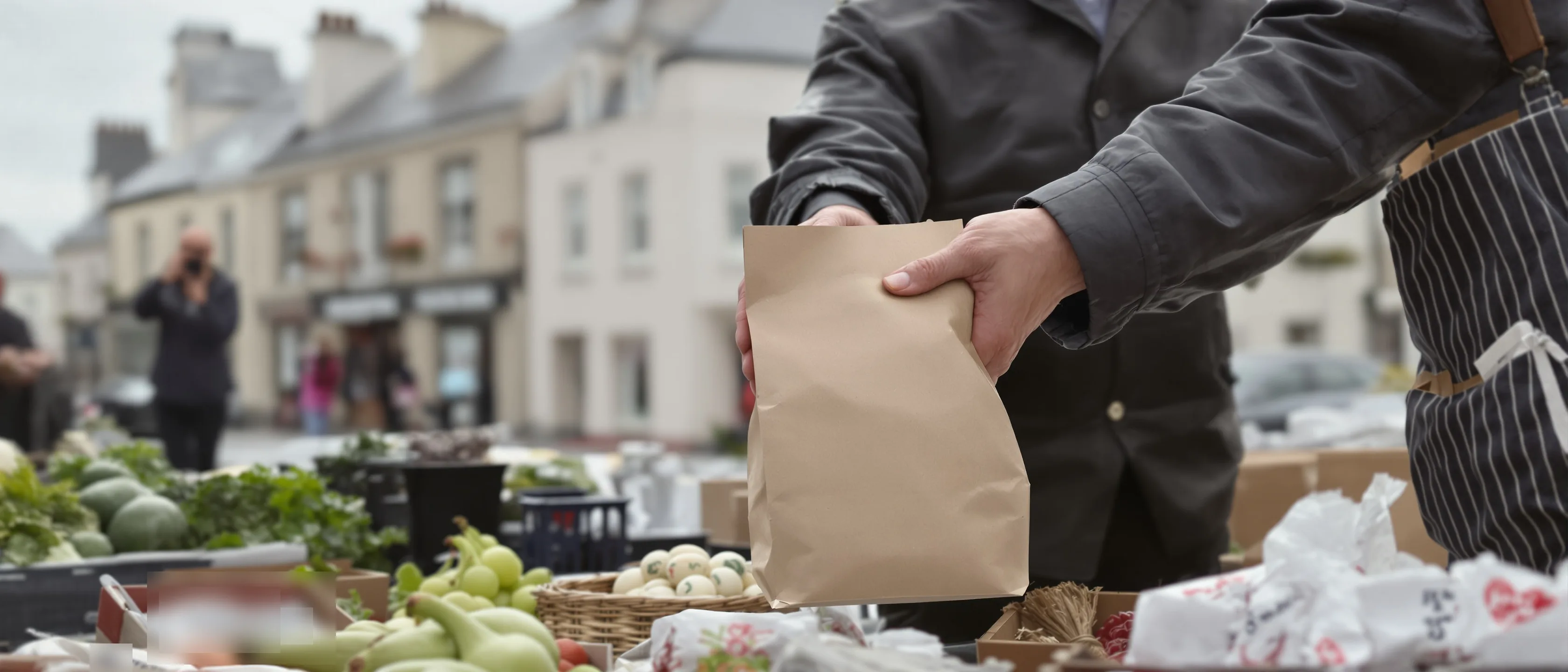 Hände reichen eine braune Papiertüte über einen Marktstand, Gemüsekisten davor, weiches Licht.