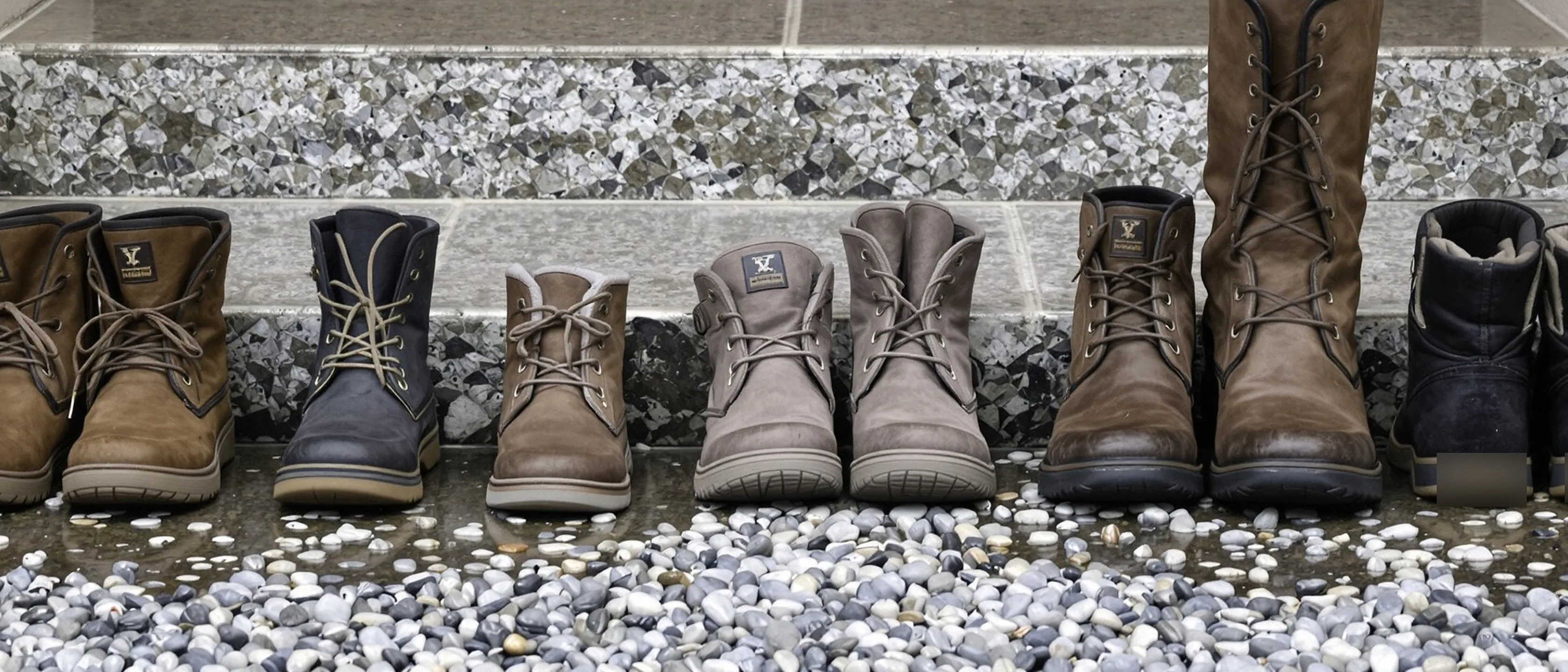 Eine Reihe Stiefel von klein bis groß auf einer Steinstufe vor dem Haus, Kies davor.