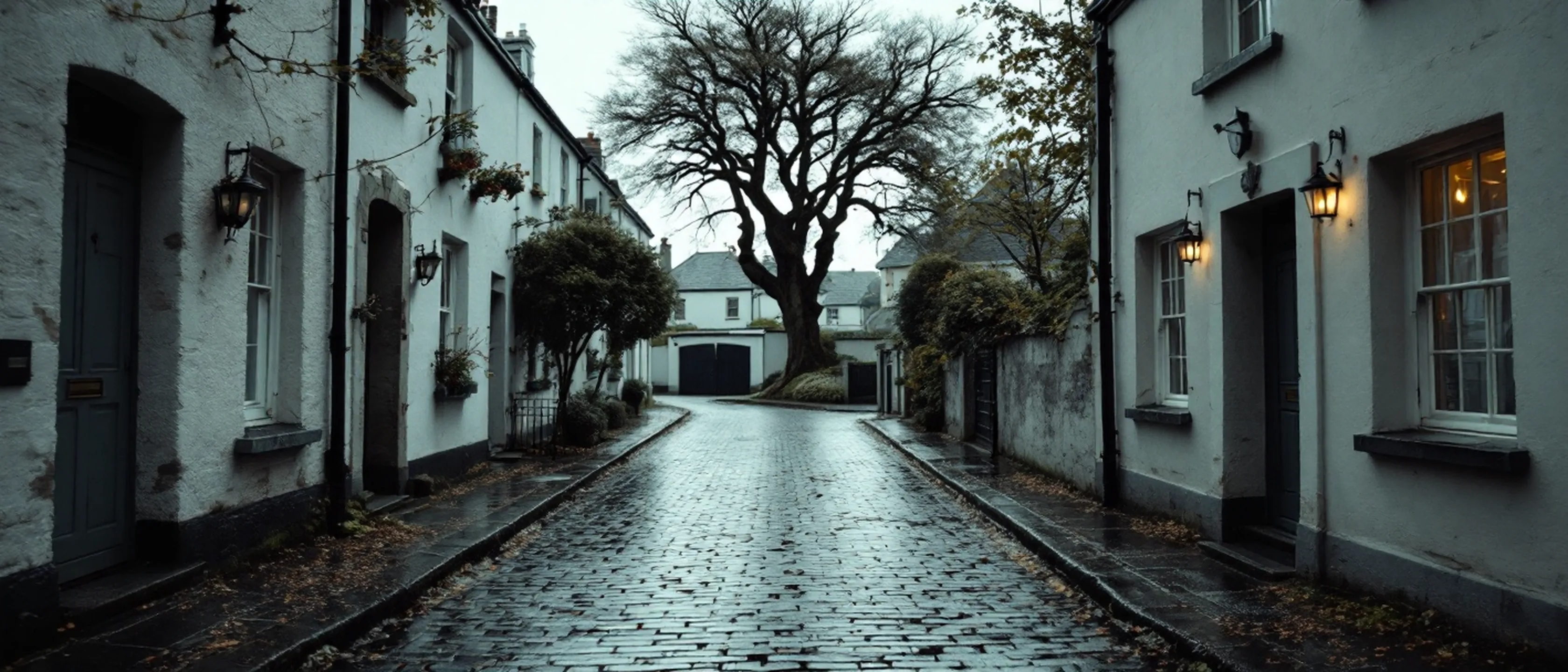 Eine ruhige Gasse hinter Stadthäusern, Gartentore in einer verputzten Mauer, ein alter Bergahorn, nasses Kopfsteinpflaster.