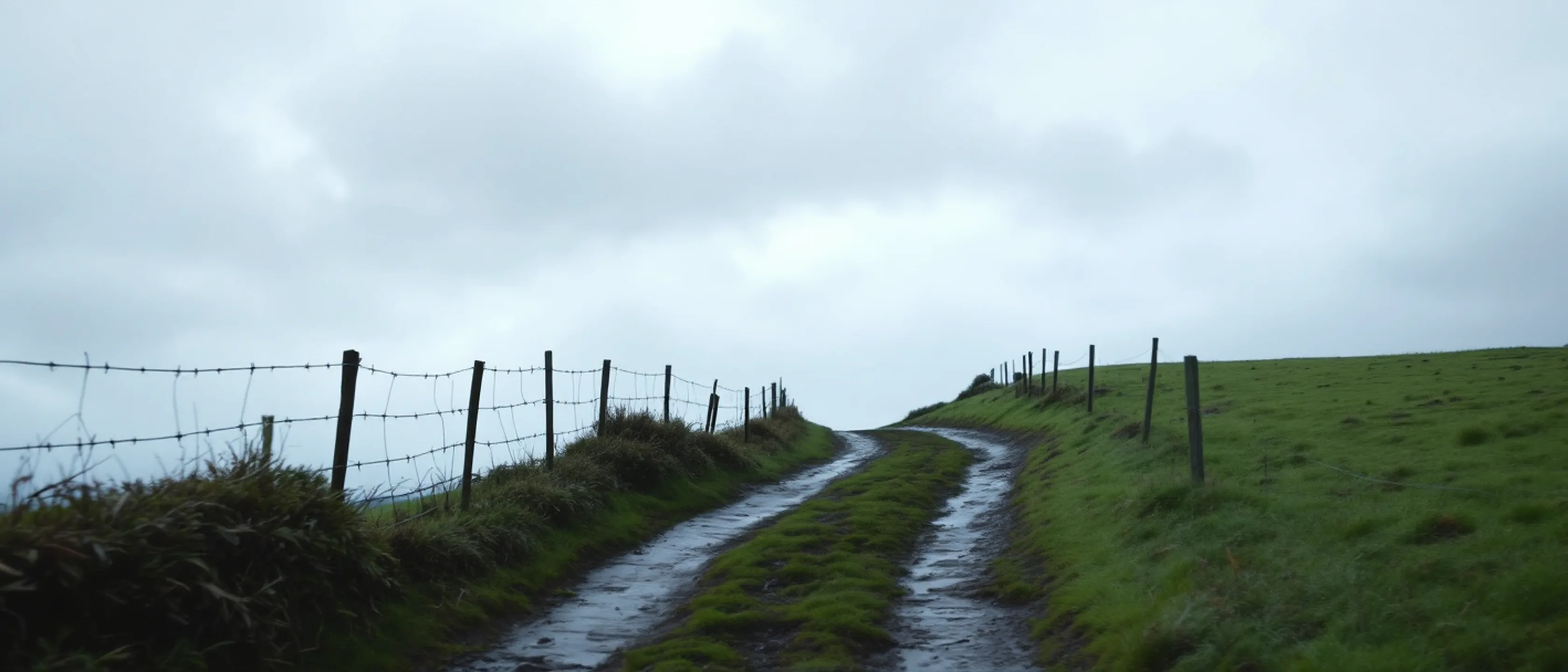 Ein ausgefahrener Feldweg, der über eine niedrige grüne Kuppe führt, Zaunpfähle daneben, viel Himmel darüber.