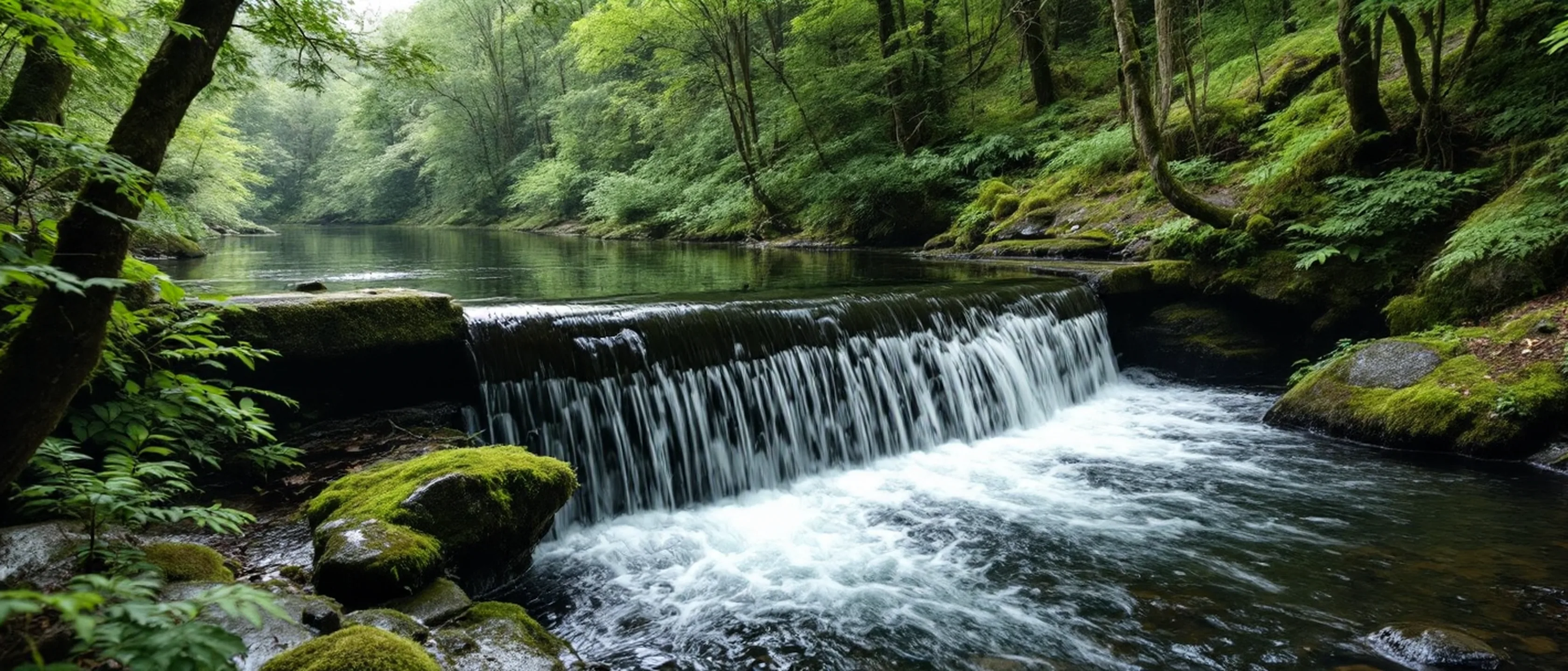 Ein niedriges Steinwehr in einem Waldfluss, das Wasser fällt über die Kante in weißen Schaum, dichte Bäume bis ans Ufer.