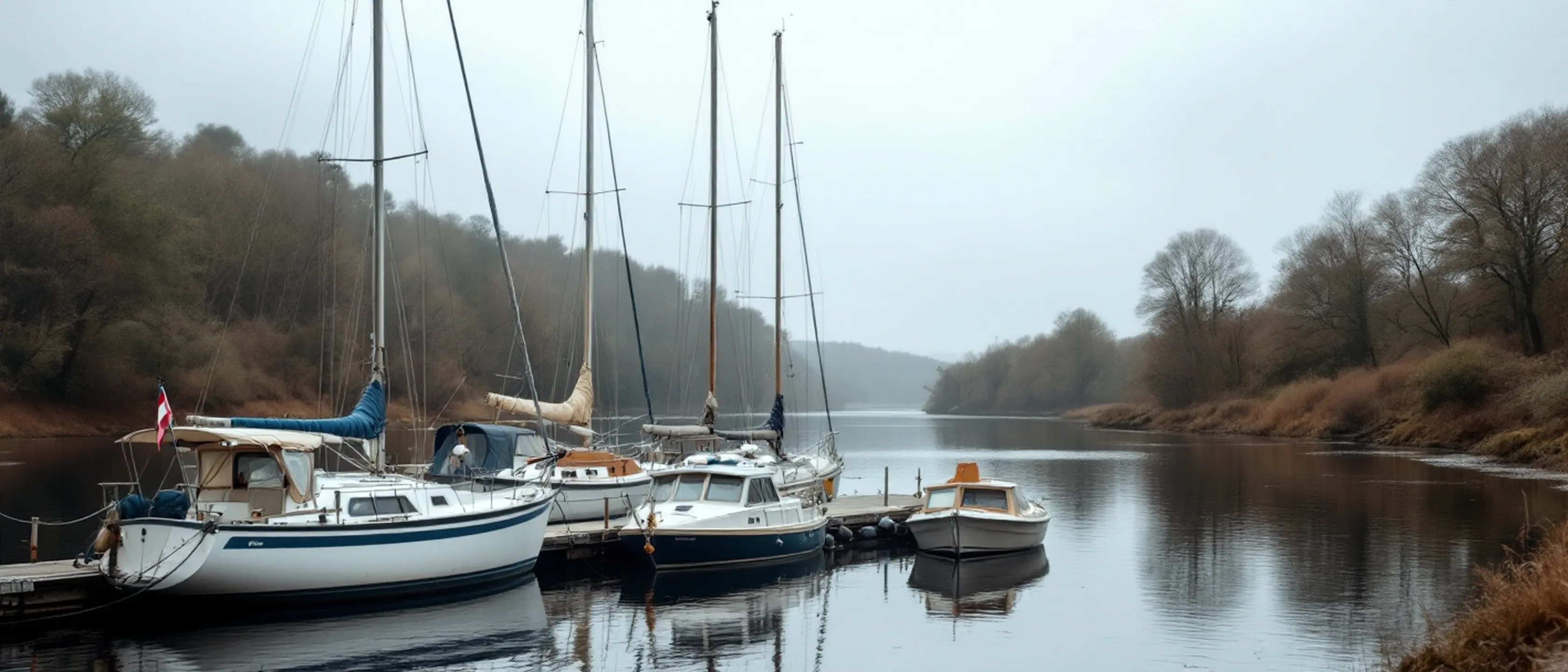 Ein kleiner Steg am Fluss mit vertäuten Segelbooten, kahle Masten, stilles Wasser, bewaldetes Ufer gegenüber.