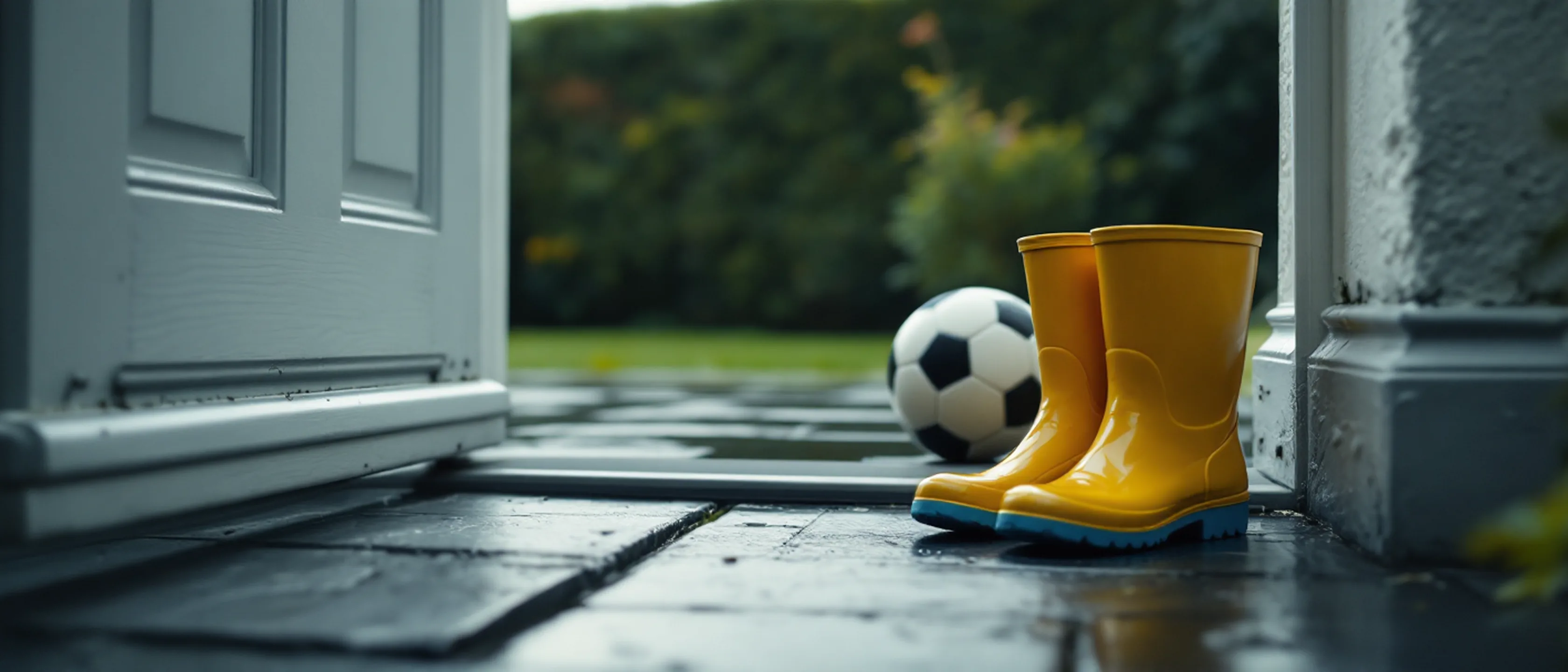 Gummistiefel und ein Fußball neben einer Haustür unter einem Vordach, nasse Steinplatten, dahinter eine Gartenhecke.