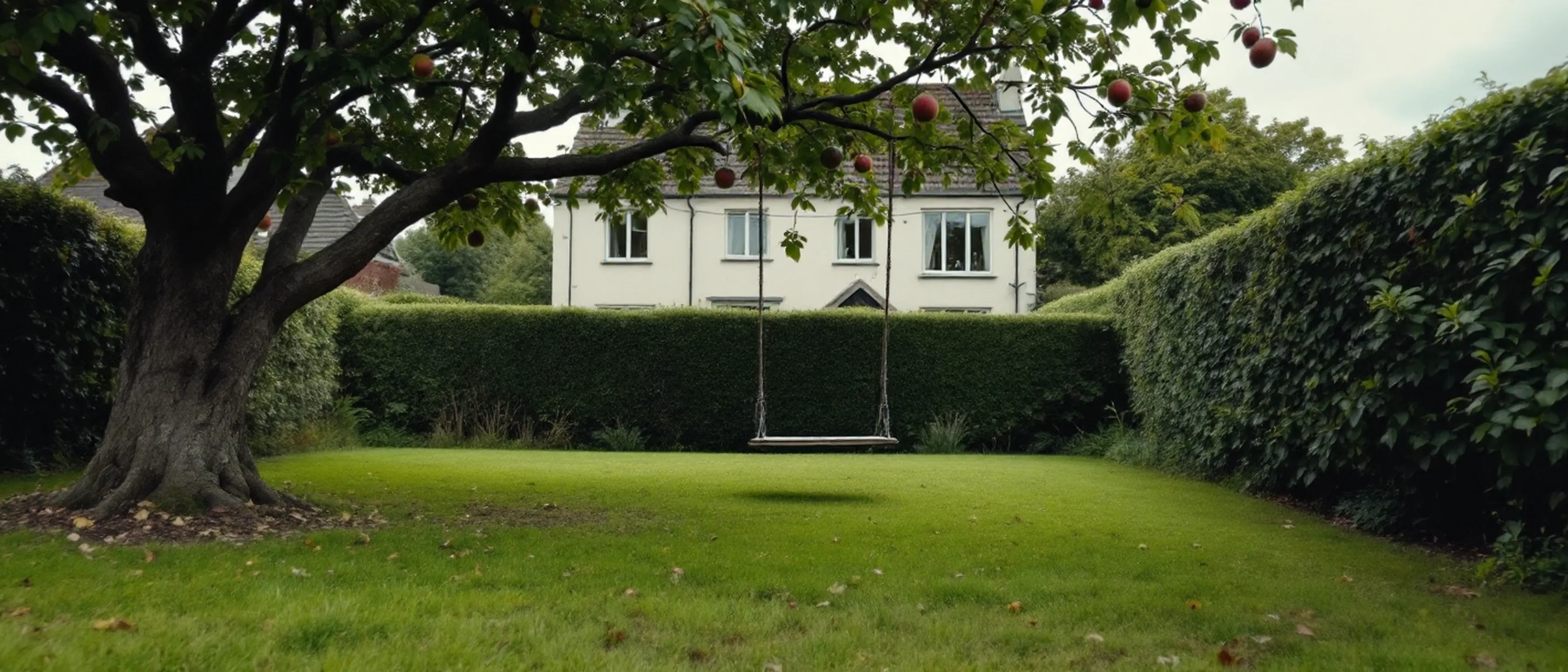 Ein Garten hinter einem Haus: Rasen, eine Schaukel an einem Apfelbaum, eine Wäscheleine und eine Hecke als Grenze.
