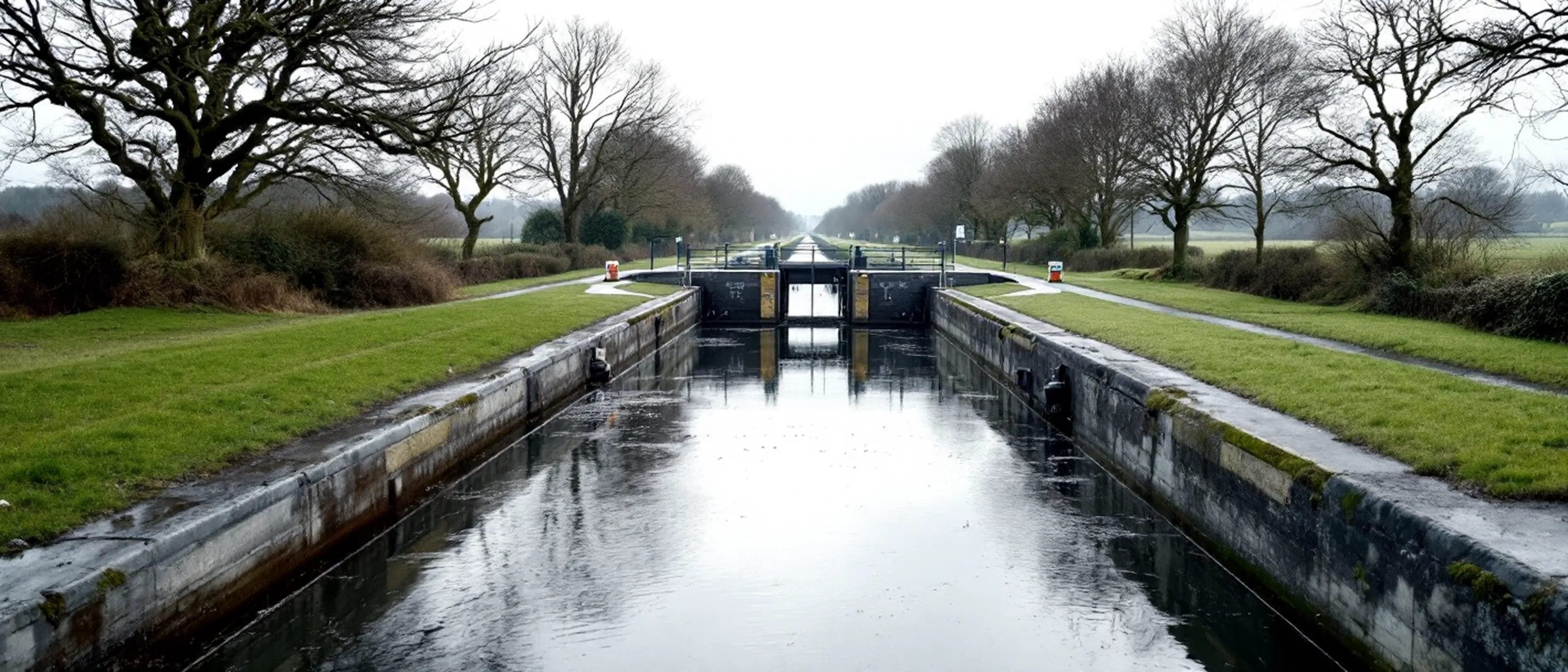 Ein gerader Treidelpfad an einem Kanal mit gemähtem Gras, einem Schleusentor in der Ferne und stillem Wasser.