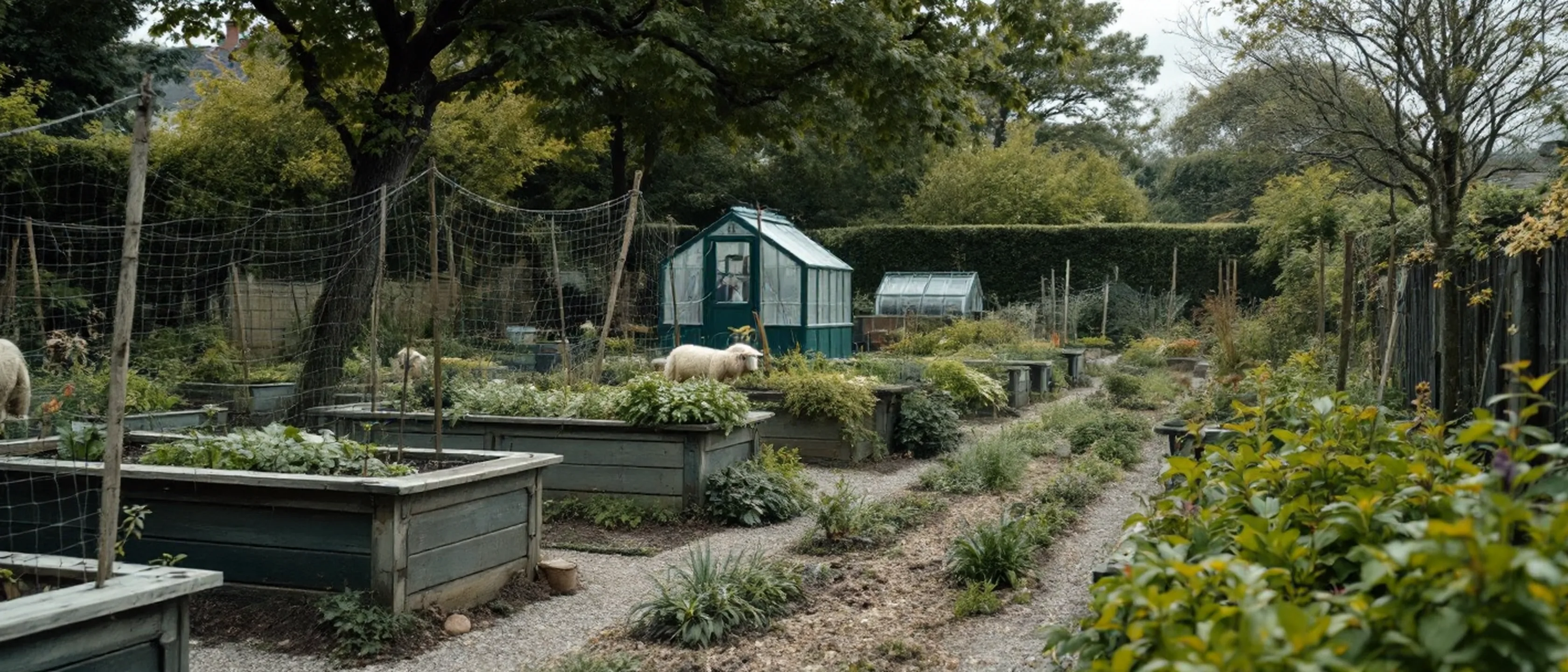 Ein Nutzgarten mit Hochbeeten, Rankstäben und Netzen, am Ende ein Gewächshaus, eine Hecke als Grenze.