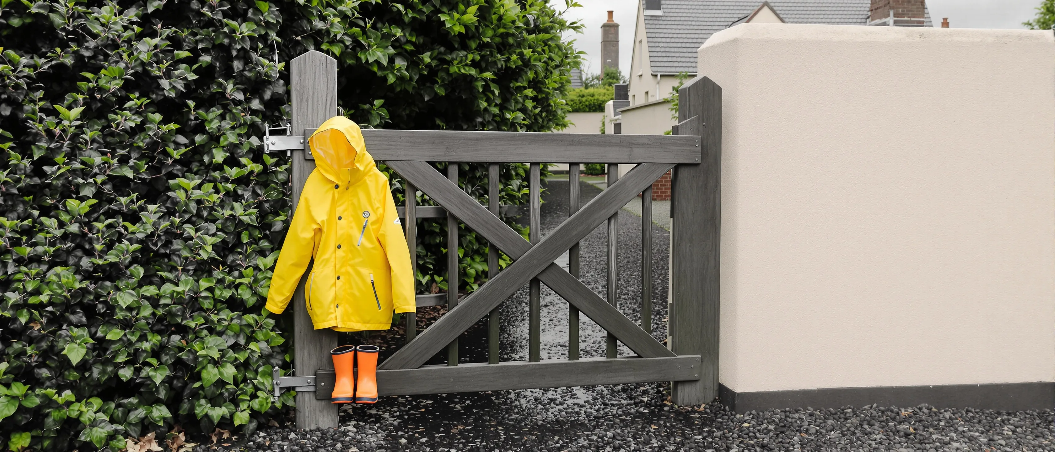 Eine gelbe Kinderregenjacke hängt am Pfosten eines Gartentors, darunter kleine orange Gummistiefel, Efeu dahinter.