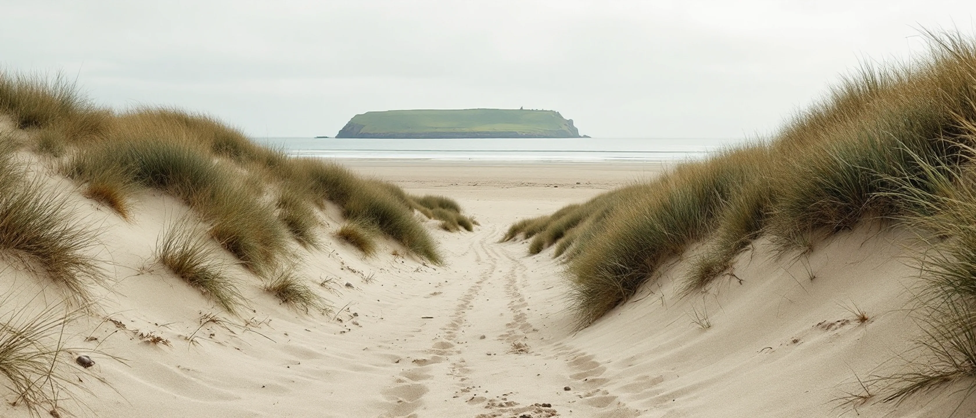 Langer Sandstrand hinter Dünengras, flache ruhige See, in der Ferne eine niedrige grüne Landzunge im Dunst.