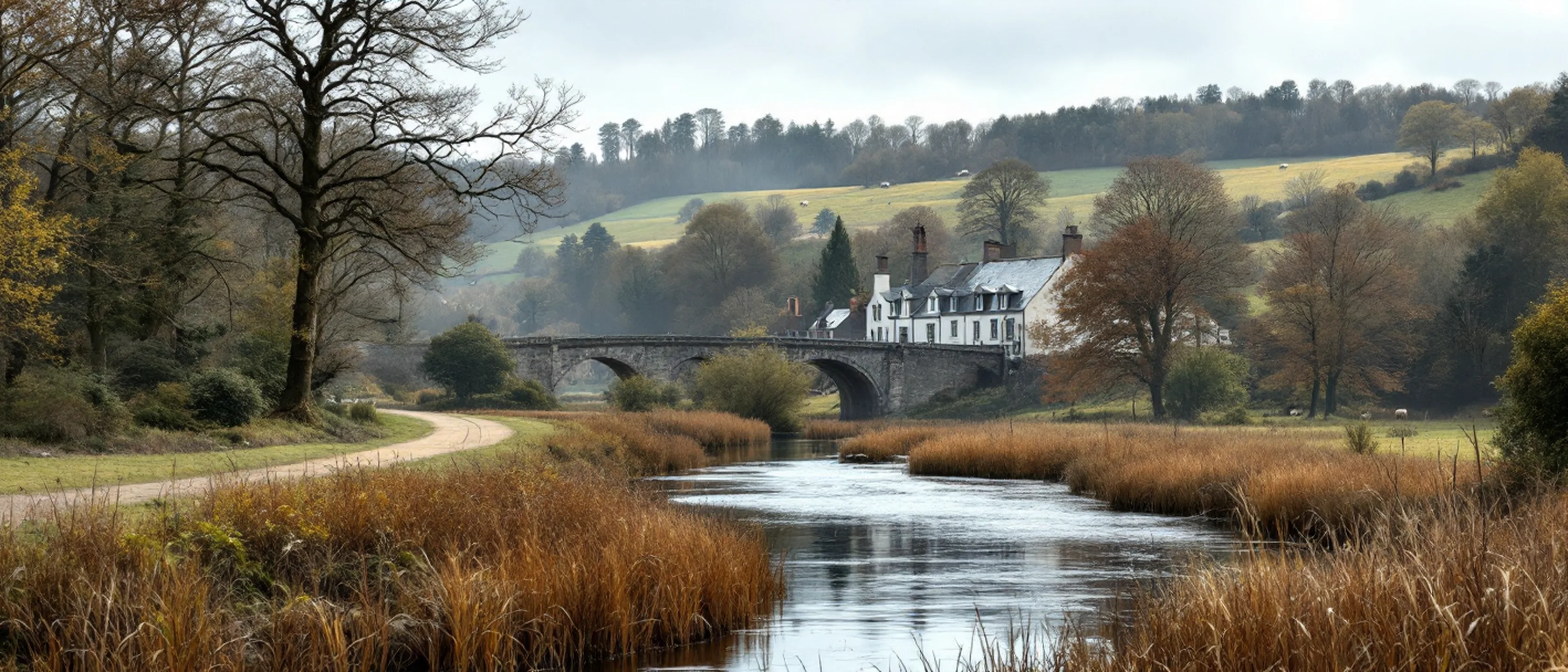 Ein breiter, ruhiger Fluss zwischen Schilf und alten Bäumen, dahinter Weiden, ein Landhaus und eine Steinbrücke.
