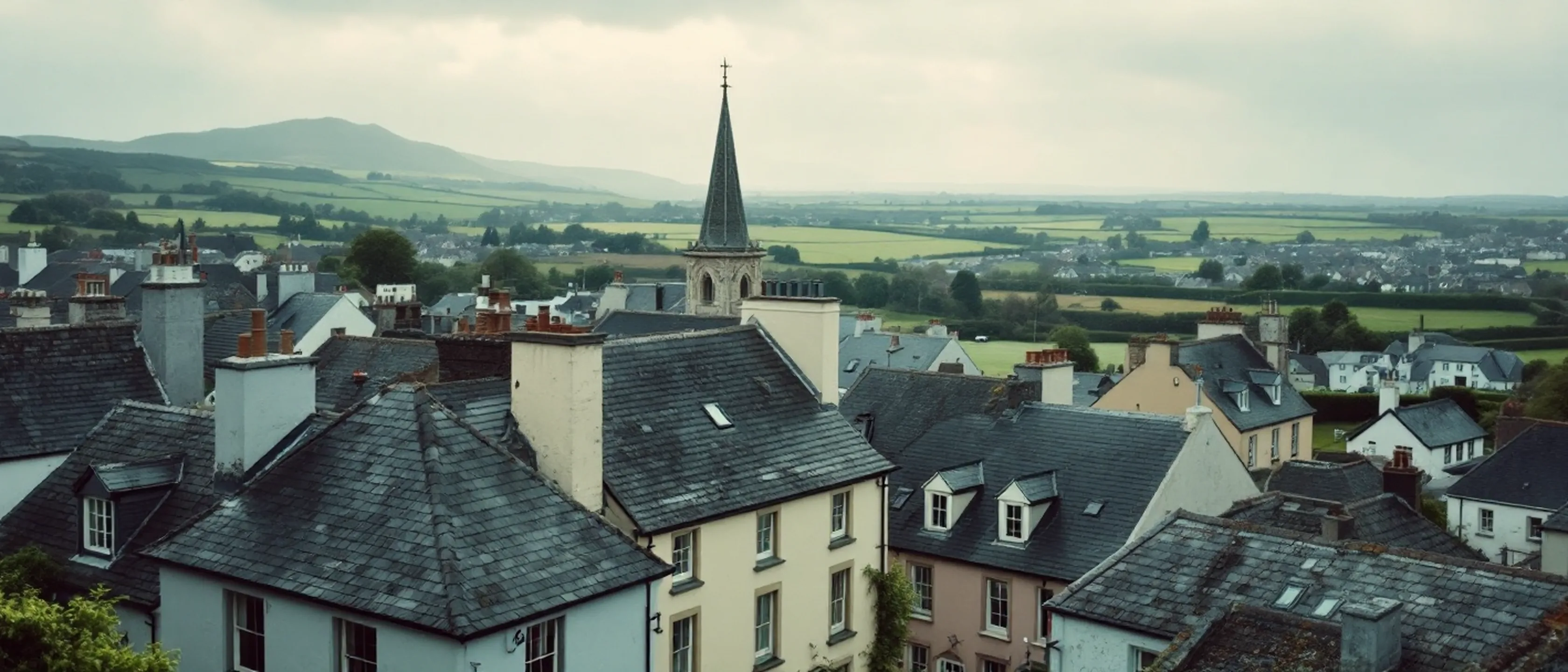 Blick von oben über die Schieferdächer einer Kleinstadt, ein Kirchturm dazwischen, dahinter grüne Felder.