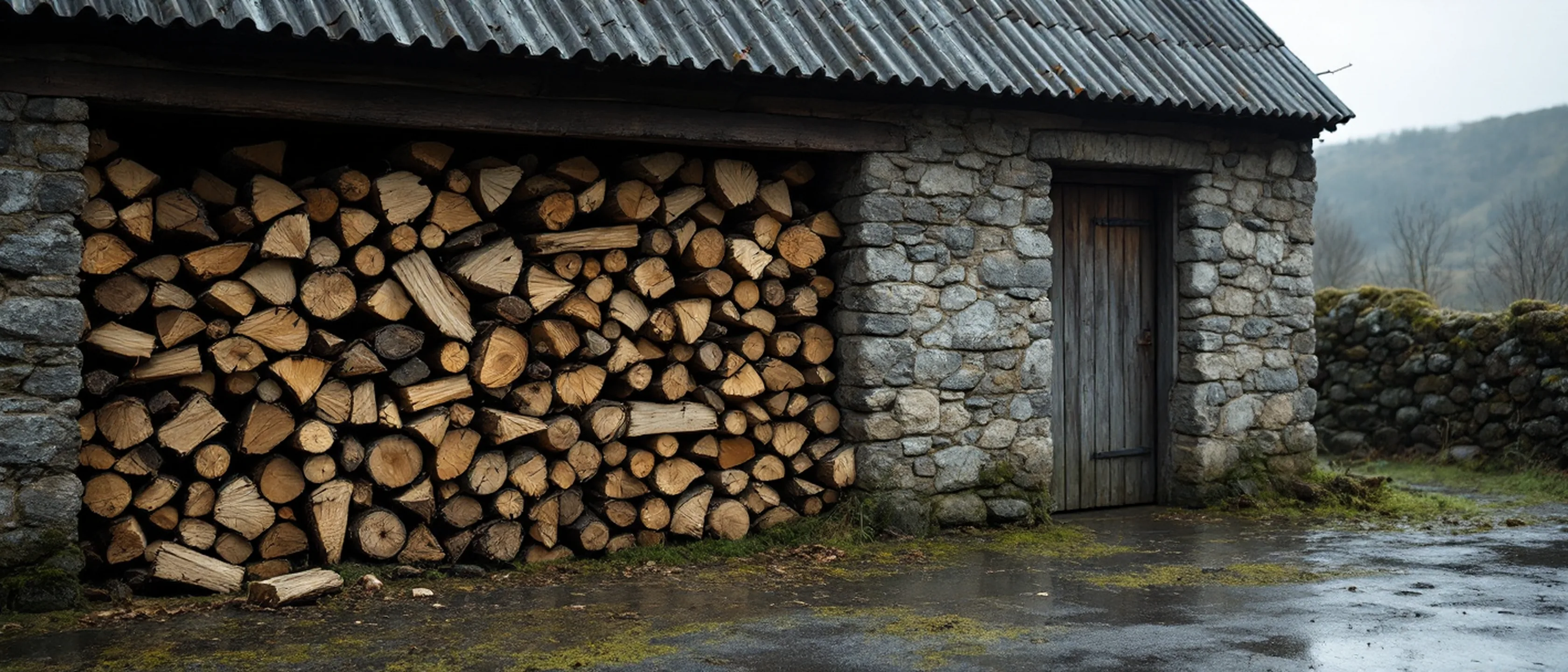 Gestapeltes Brennholz unter einem Wellblechdach an einer Bruchsteinwand, Moos auf den Steinen, nasser Hof davor.