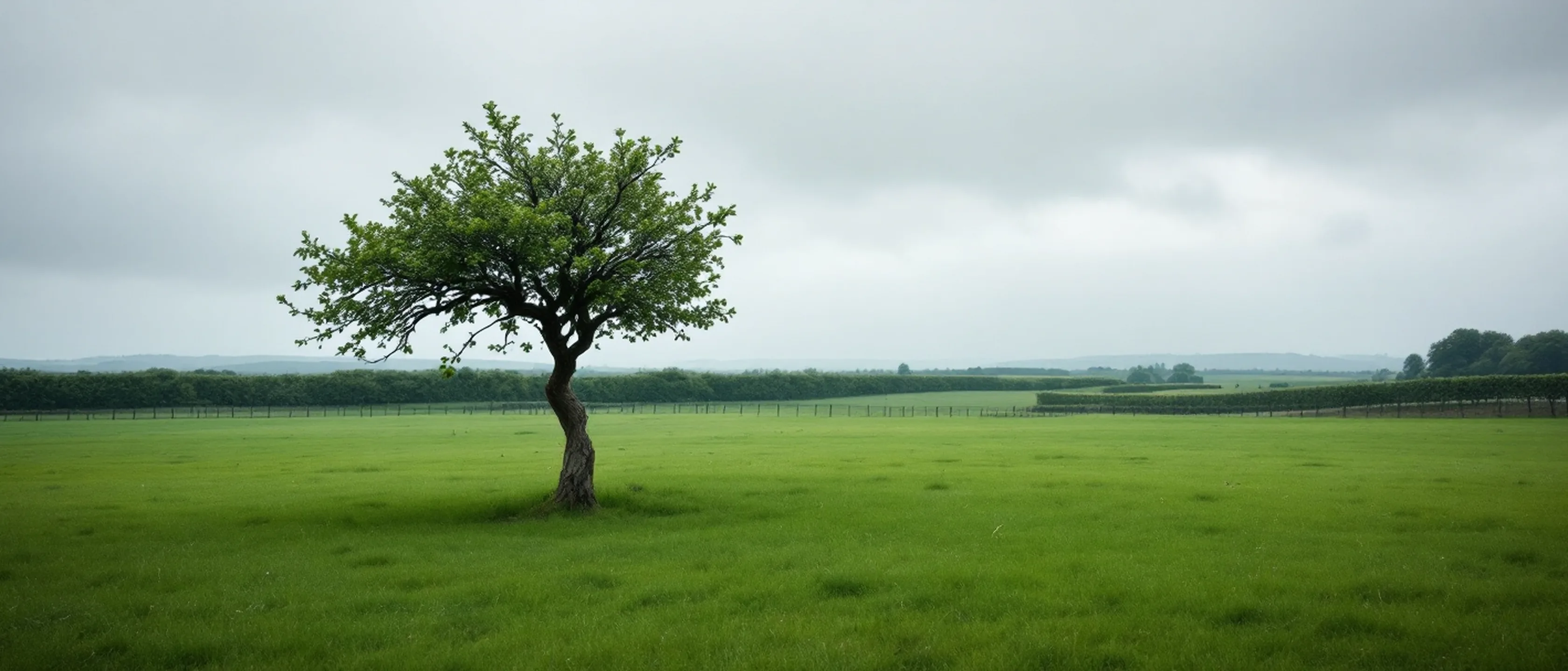 Ein einzelner windschiefer Weißdorn mitten auf einer weiten grünen Wiese, Hecken in der Ferne, schwerer grauer Himmel.