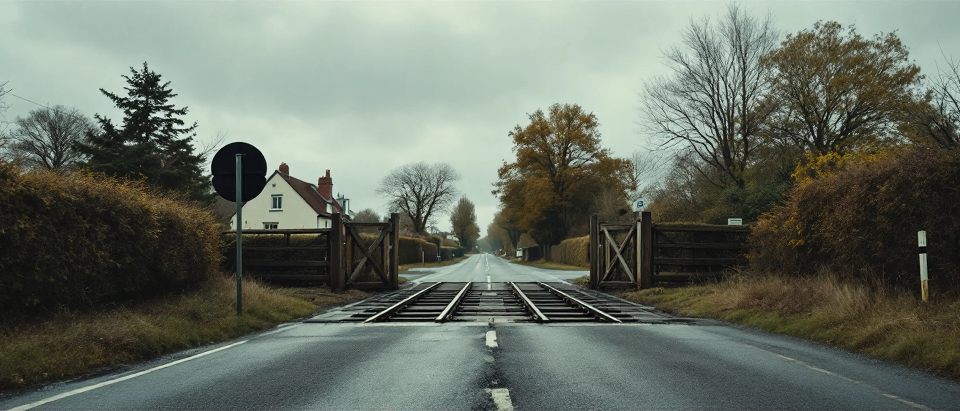 Ein Bahnübergang an einer ruhigen Landstraße, hölzerne Schranken offen, Schienen über dem Asphalt, Hecken zu beiden Seiten.