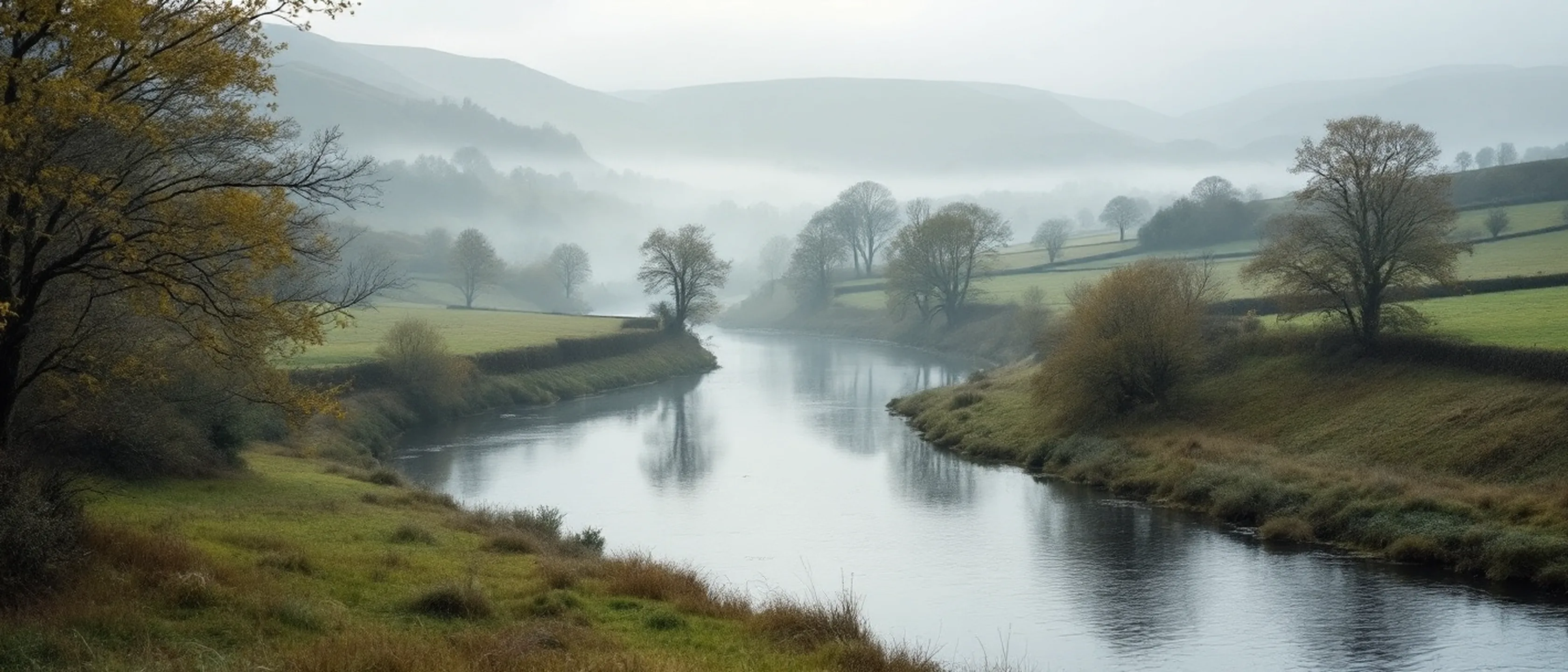 Ein weites Flusstal in dünnem Morgennebel, von Hecken geteilte Felder stufen sich zum Wasser hinab, alte Bäume an den Ufern.