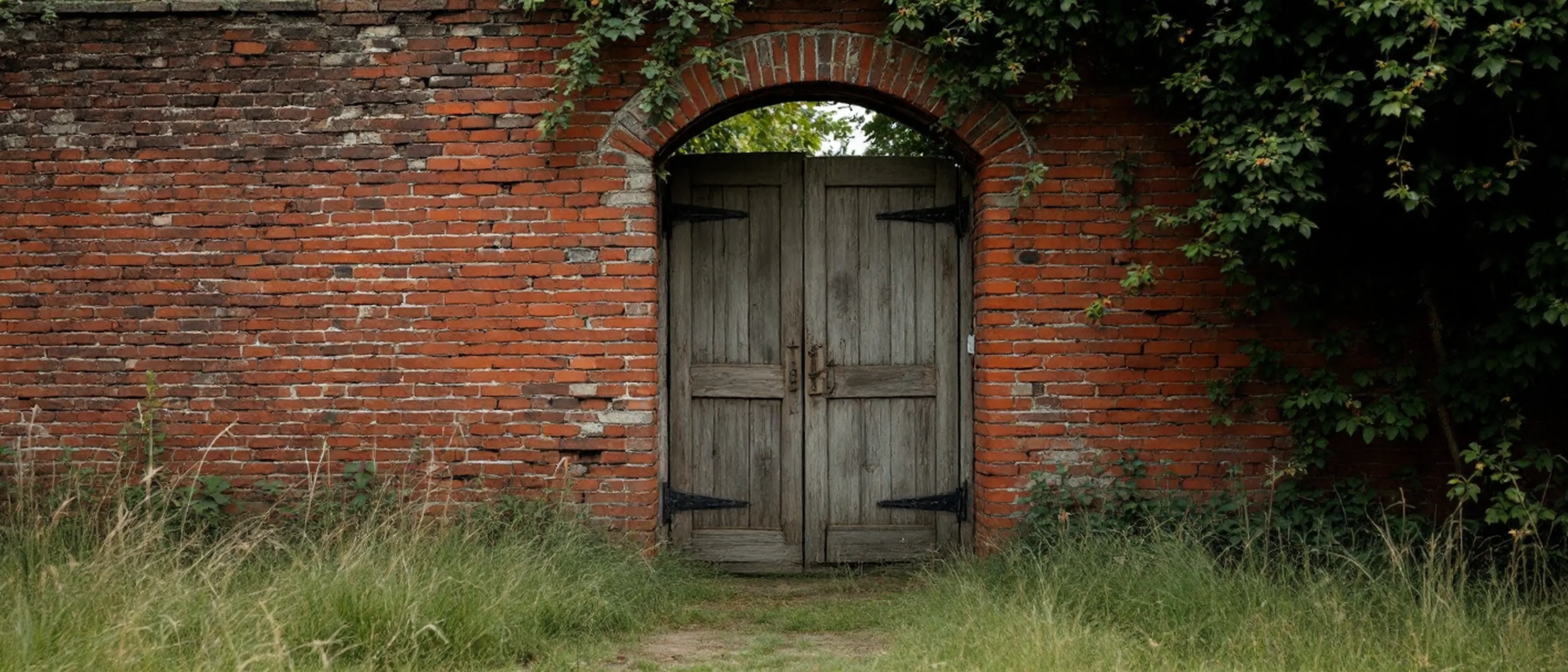 Ein Torbogen in einer alten Backsteinmauer, eine verwitterte Holztür steht angelehnt, dahinter hohes Gras und Obstbäume.